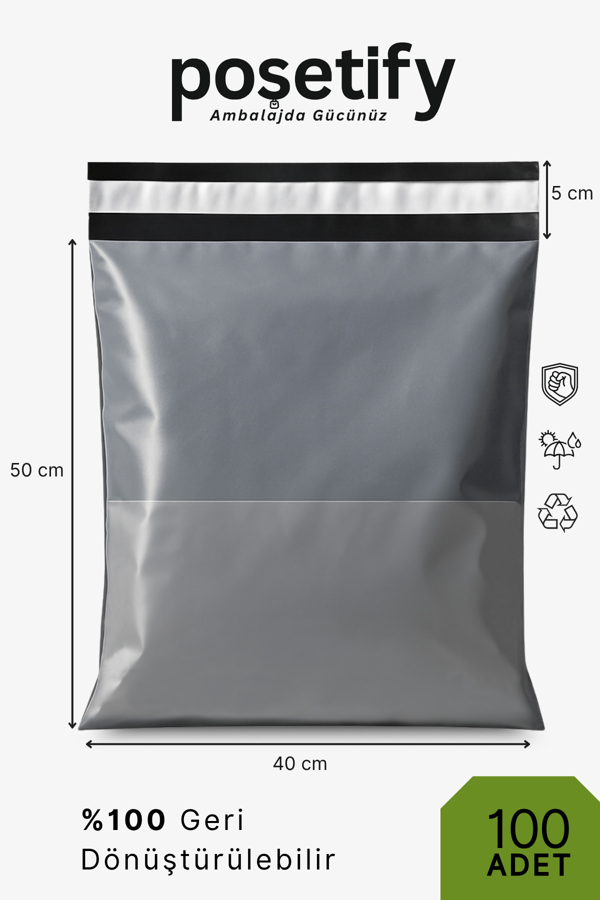 POŞETİFY Cepli Kargo Poşeti 40x50x5 cm | 100 Adet | E-Ticaret Poşeti | Gri | Yapışkan Bantlı Kargo Zarfı