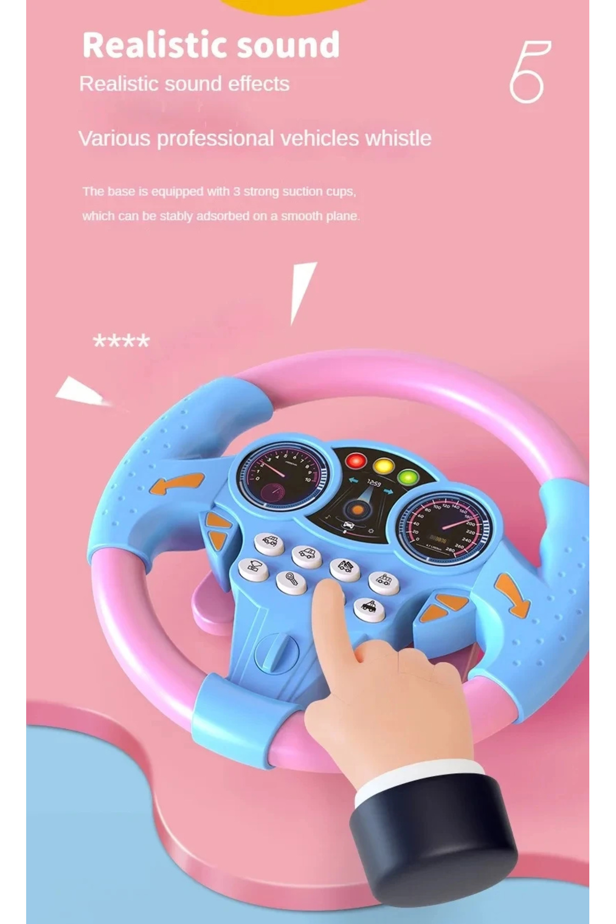 اتومبیل اسباب‌بازی فرمان شبیه‌سازی‌شدهٔ برقی درخشان صورتی نوزاد با نور و صدا، آموزشی اولیه برای کودکان