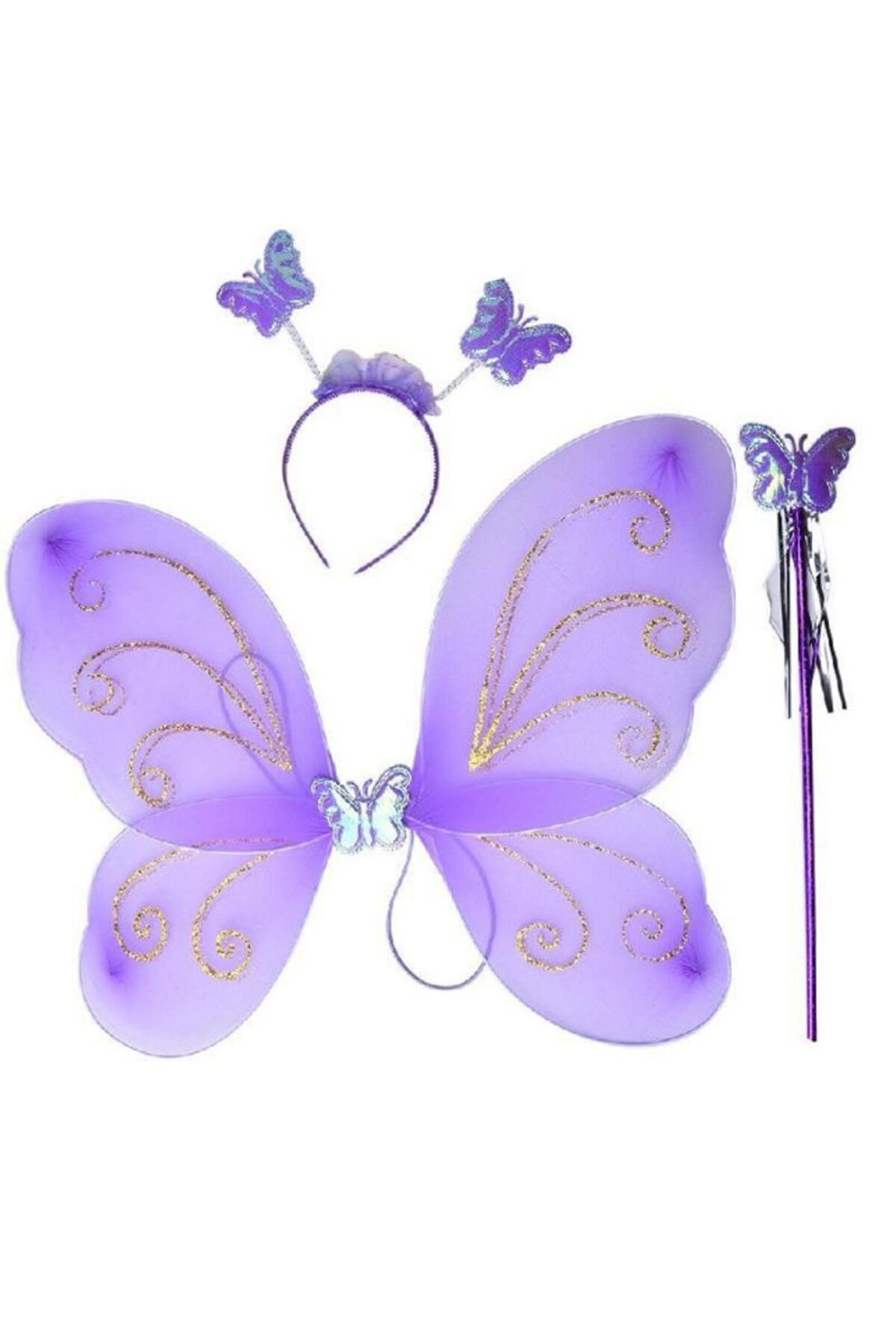 partidolu Kelebek Gösteri Kanat 50 cm Kanat Asa Taç 3 lü Set Mor Renk