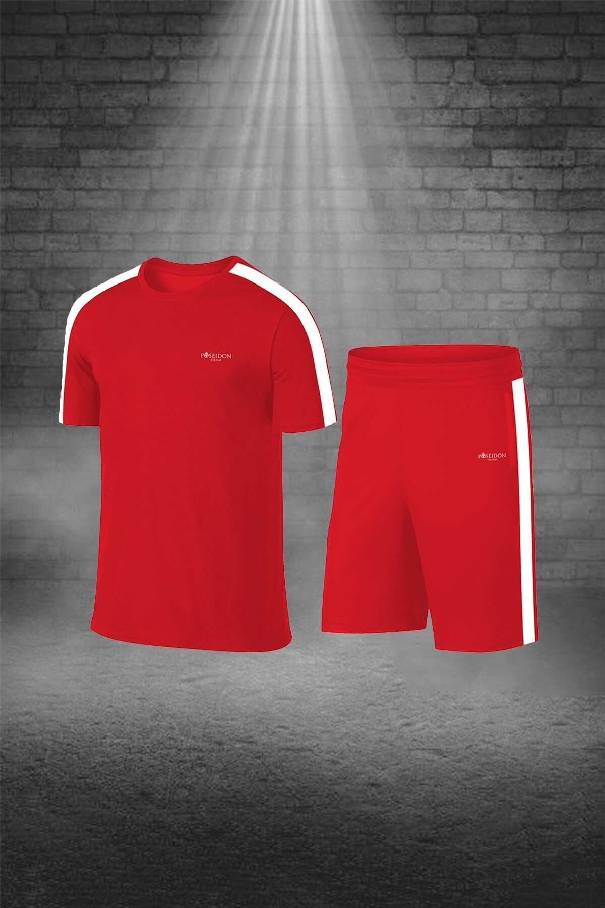پوزایدون استورم تی‌شرت و شلوارک ورزشی یقه گرد مردانه قرمز درای‌فیت جیب‌دار ساده، دو ست بالا و پایین (سایز کوچک تا سایز خیلی بزرگ)