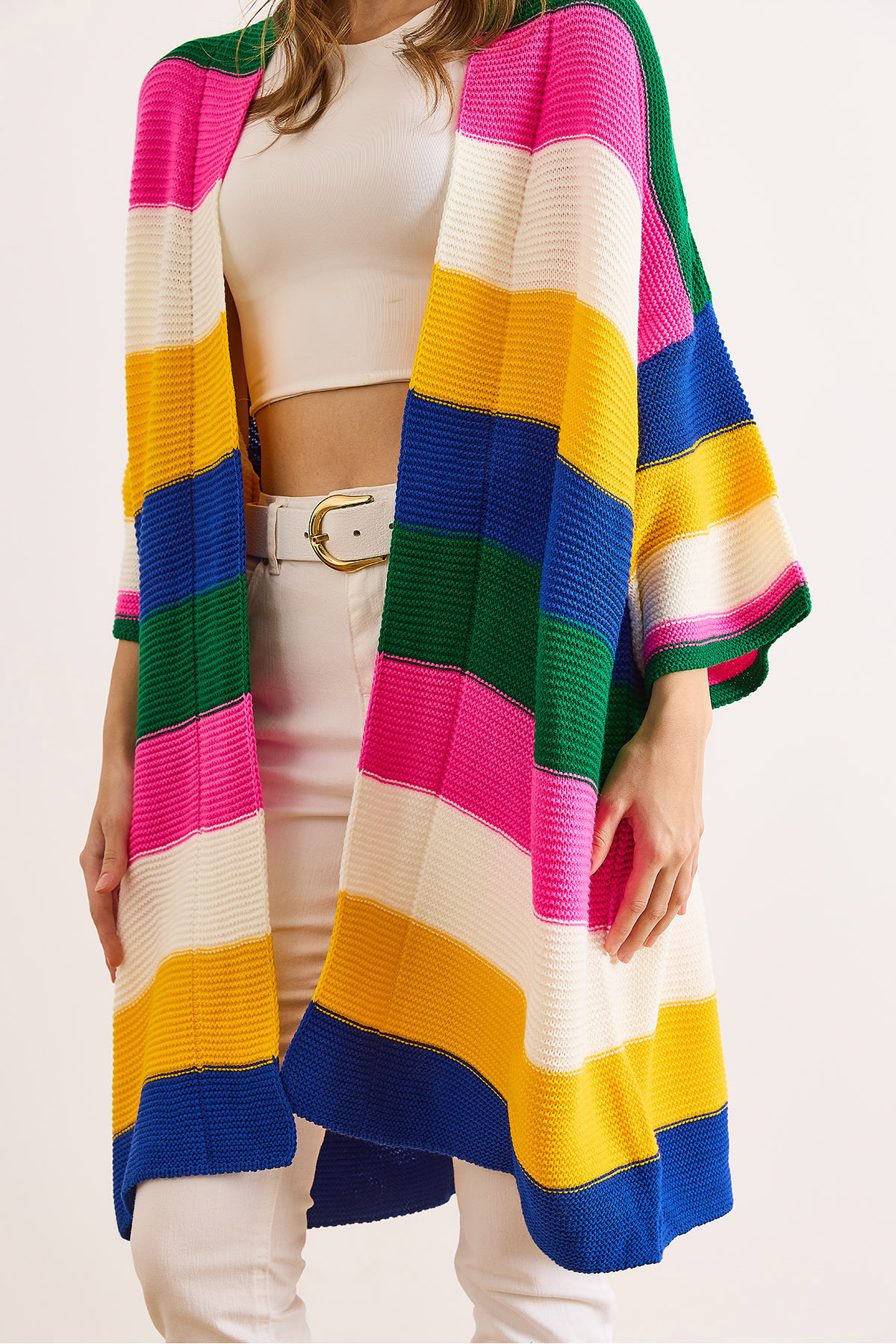 Olalook  Kadın Saks Mavi Yeşil Renkli Kalın Çizgili Triko Hırka HRK-19000337 - Görsel 6