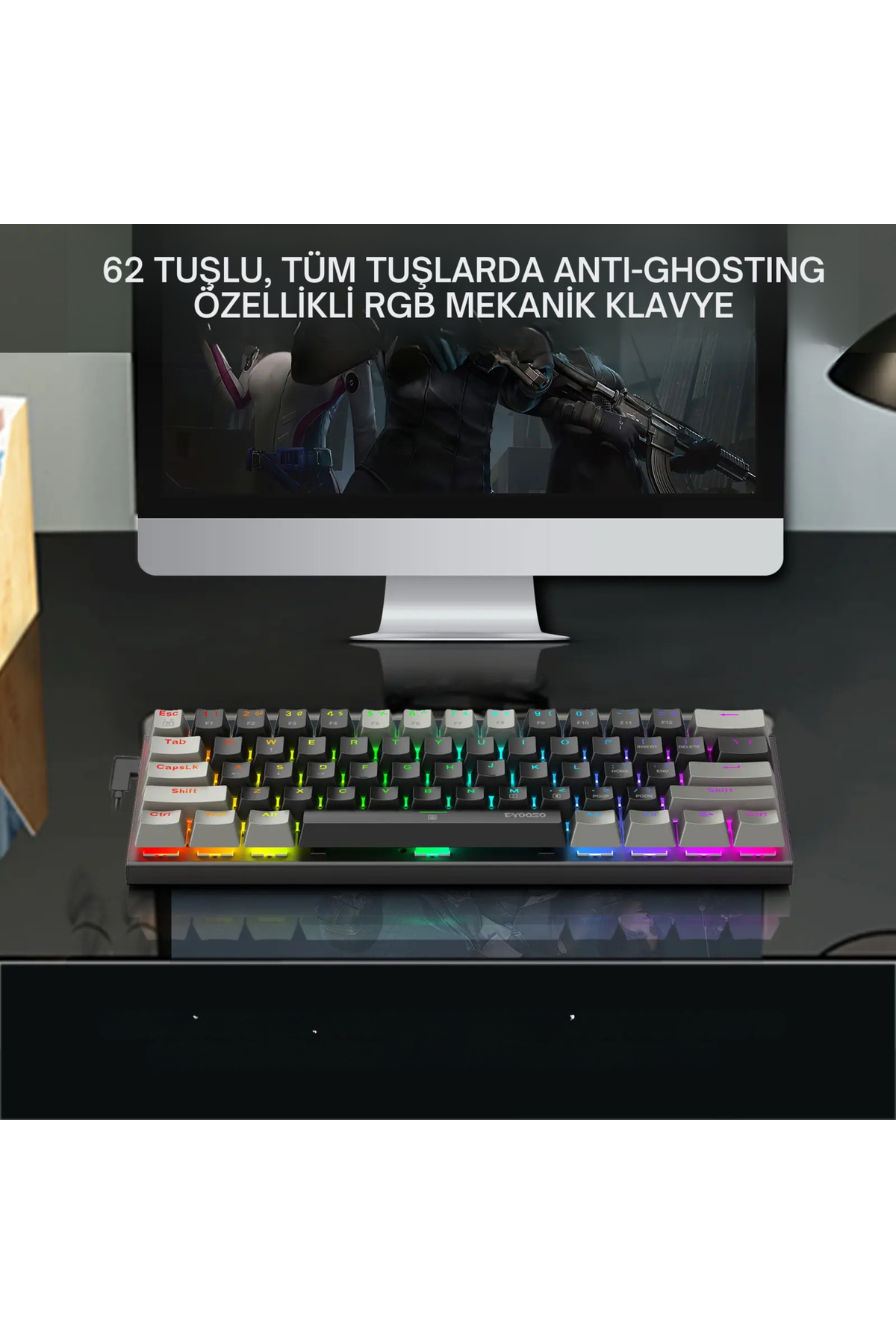 e-yooso Z-686 GameOn-GO %60 Mekanik RGB Oyun Klavyesi Kırmızı (Red) Switch Q Türkçe