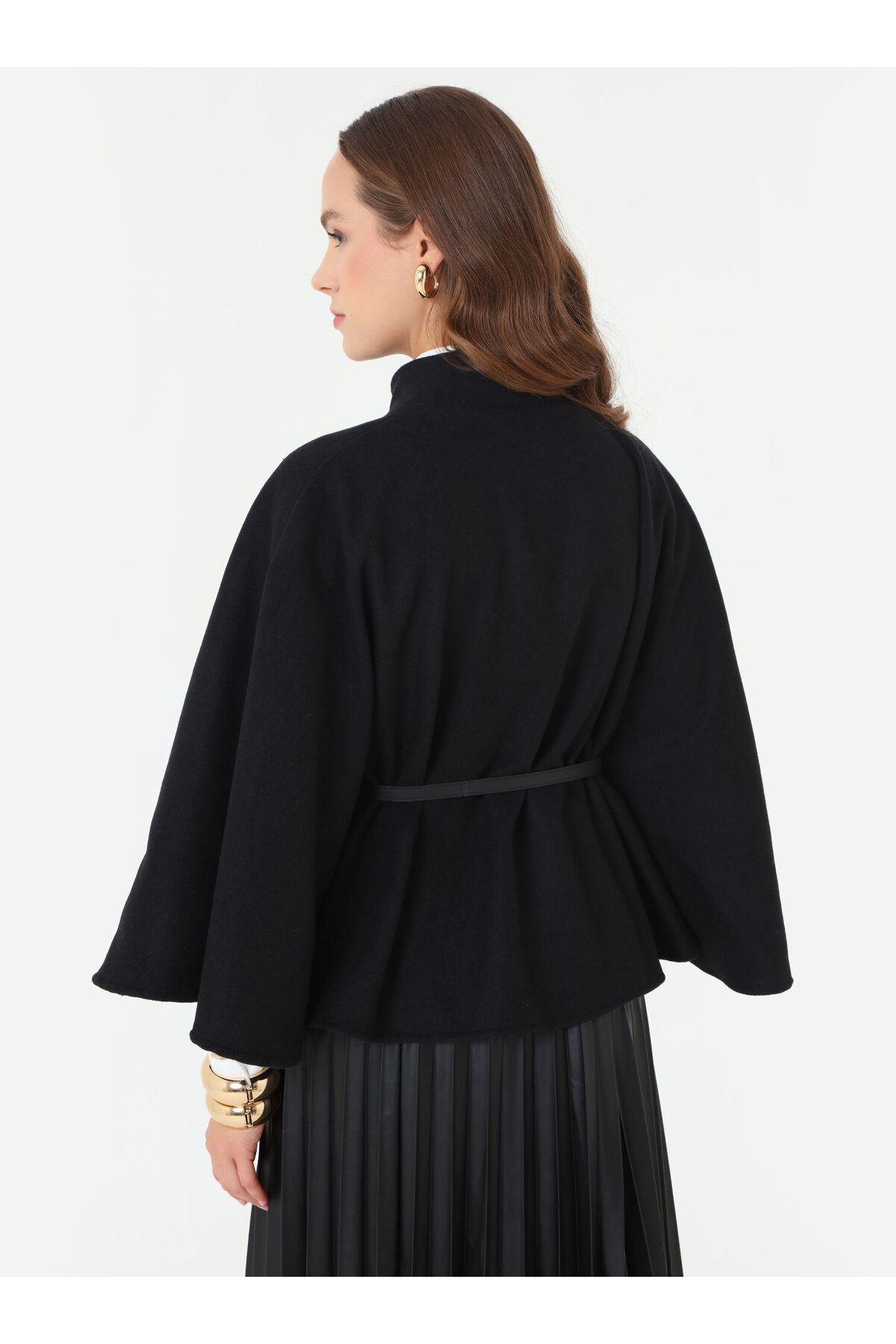Refka  Deri Kemerli Gold Düğmeli Pelerin Kaban - Siyah - - Görsel 5