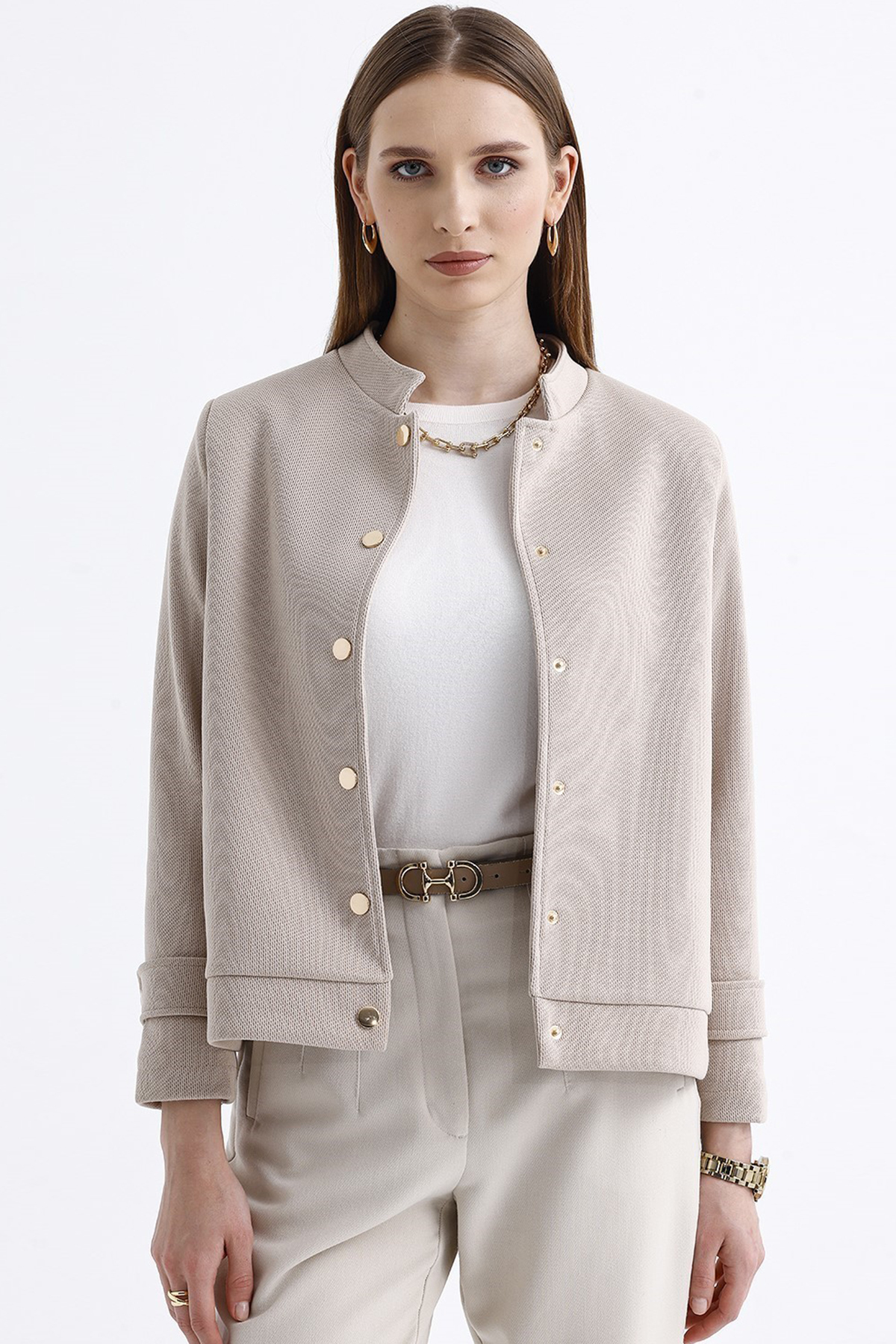 miere  Kadın Gold Düğme Detaylı Kemerli Nora Ceket - Görsel 2