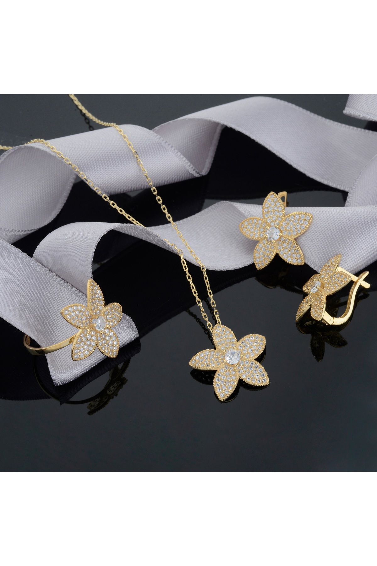 Marylebone Silver Altın Kaplama 3 lü Çiçek Set Ayarlanabilir Altı Açık Yüzük