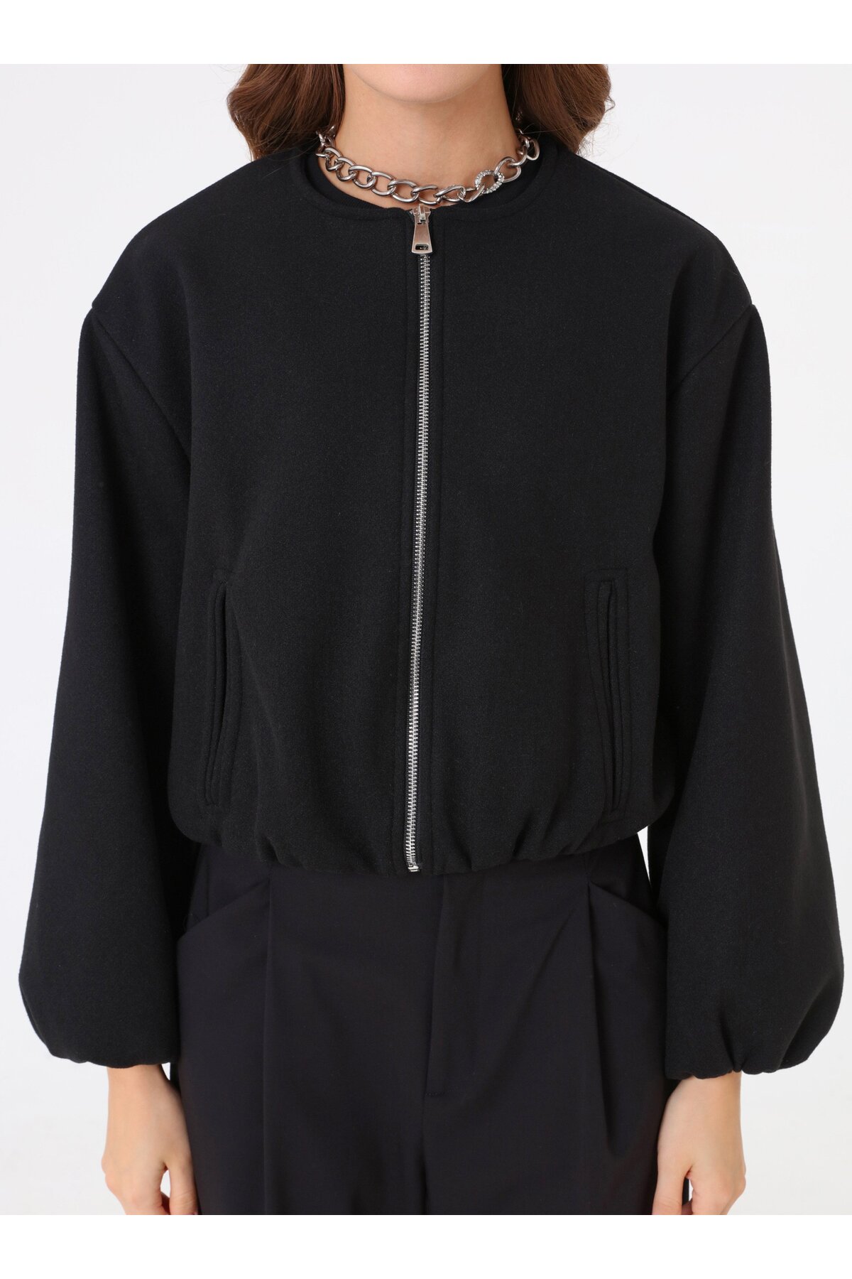 Refka  Balon Kollu Fermuarlı Kısa Kaban - Siyah - - Görsel 4