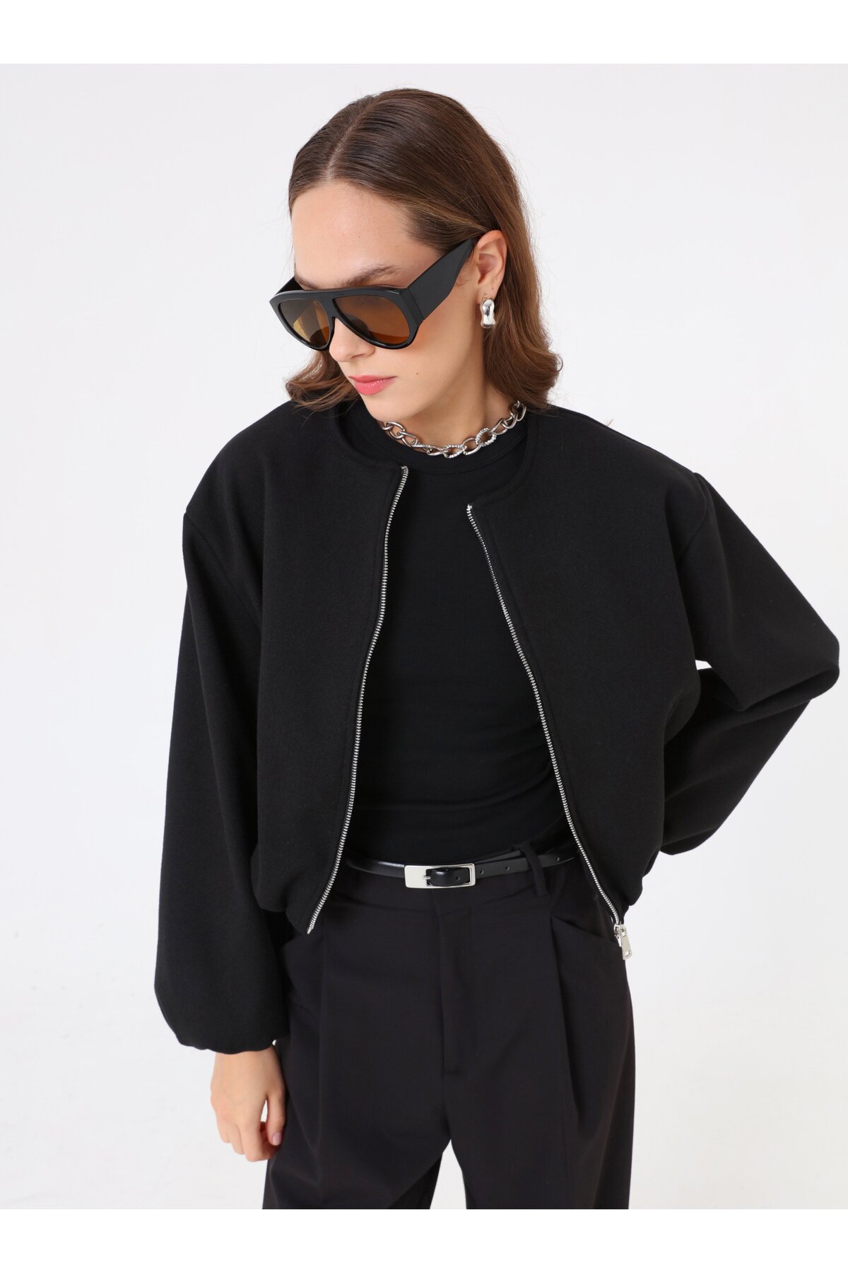 Refka  Balon Kollu Fermuarlı Kısa Kaban - Siyah -