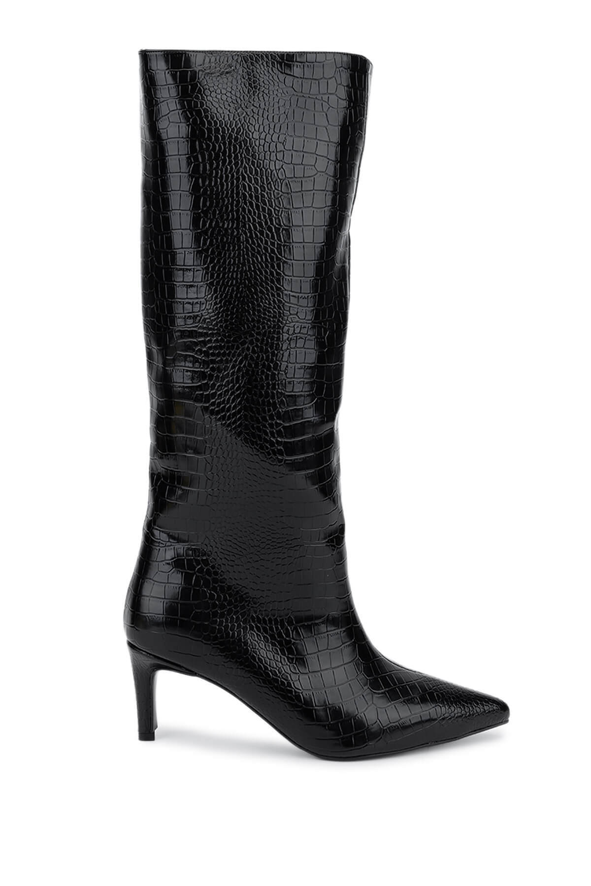 تامر تانجا چکمه‌های پاشنه‌دار کروکودیل مشکی چرم مصنوعی زنانه