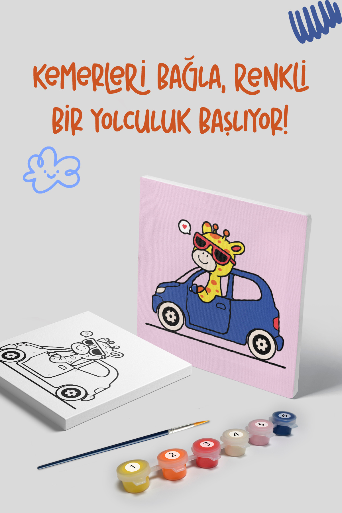 Mind & Play Zürafa Temalı Çocuk Tuval Boyama Seti | Tuval + 6 Renk Akrilik Boya + Fırça