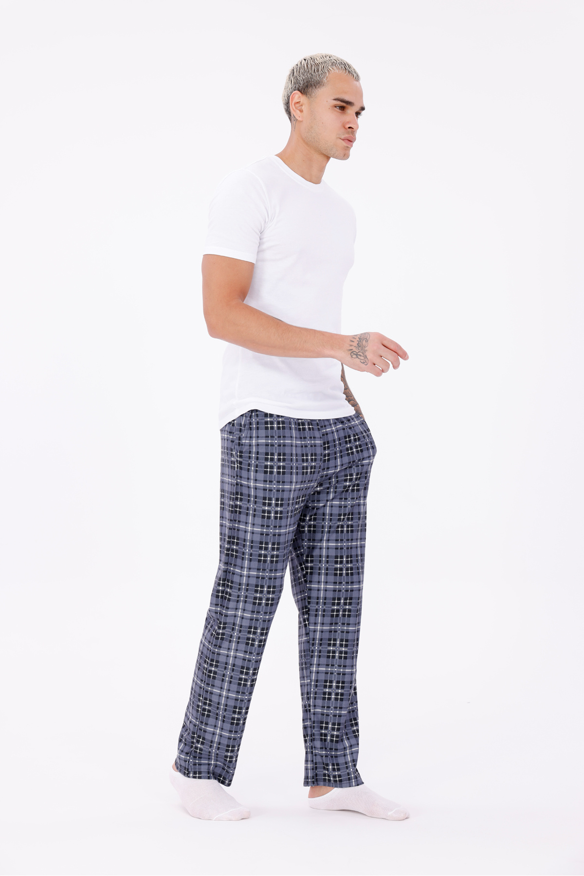 Arvin Pijama Pamuklu Kadifemsi Yumuşak Dokulu Cepli Ekose Baskılı Beli Lastikli Erkek Pijama Altı Füme-Beyaz