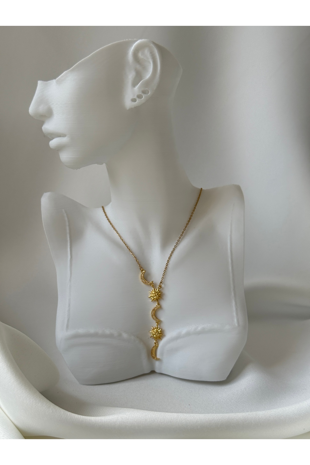 316L Çelik Zirkon Taşlı Güneş Ve Ay Model Gold Renk Kolye