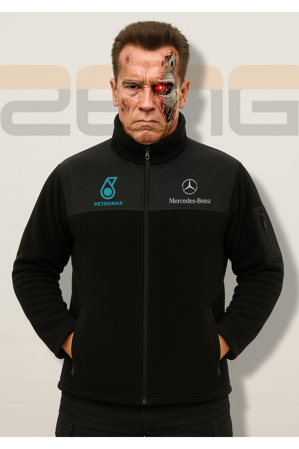 ZENG Siyah Baskılı Erkek Polar Hırka Mont Softshell detaylı