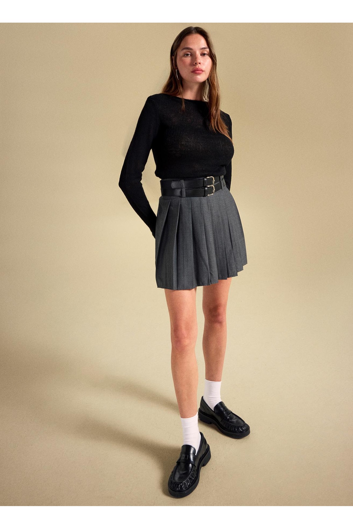 People By Fabrika  Yüksek Bel Antrasit Kadın Piliseli Mini Etek PBF5WL-ETK5106 - Görsel 5