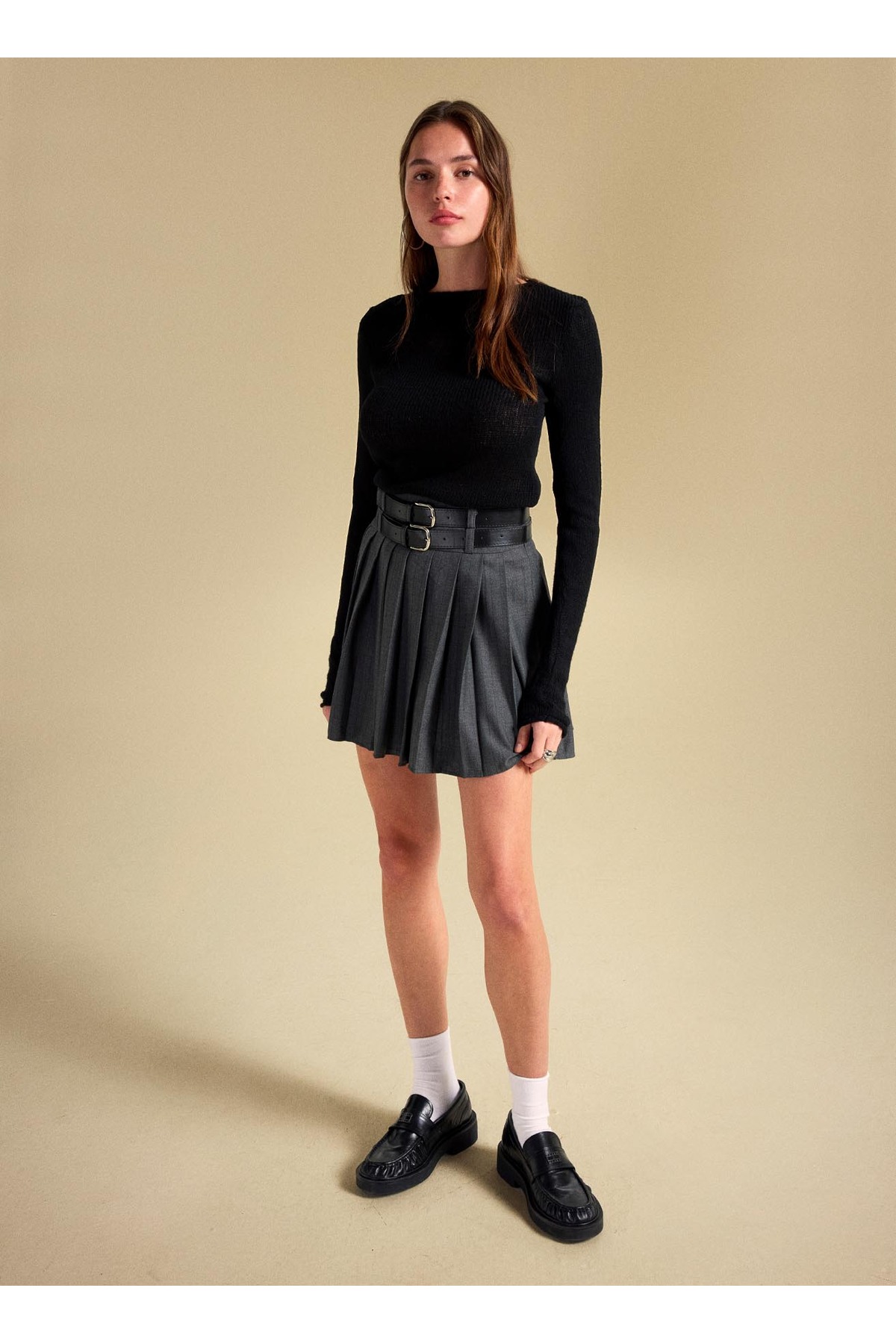 People By Fabrika  Yüksek Bel Antrasit Kadın Piliseli Mini Etek PBF5WL-ETK5106 - Görsel 4