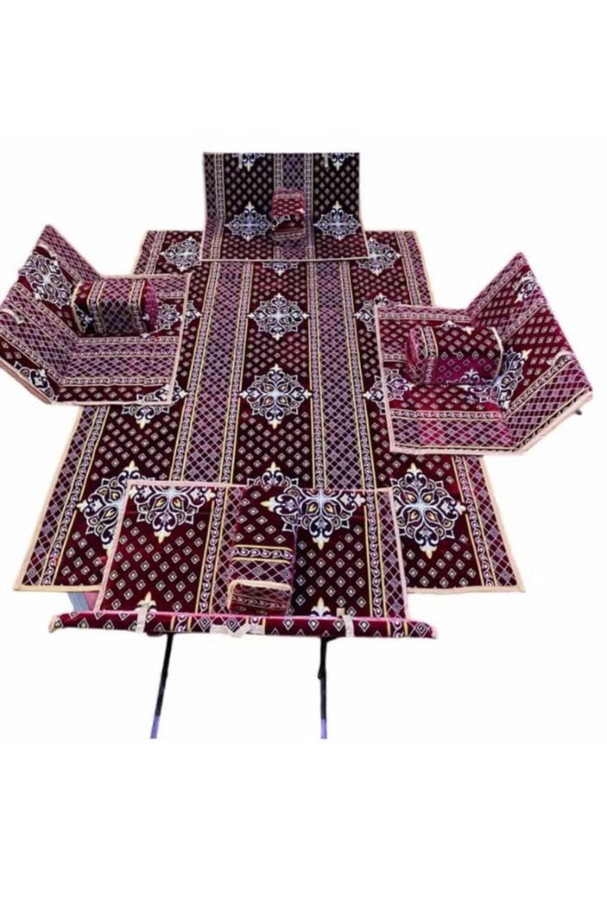 طقم جلسة أرضية 9 قطع: فرشة 300×200 سم، 4 كراسي أرضية لشخصين و4 مراكي مريحة، للرحلات والتخييم