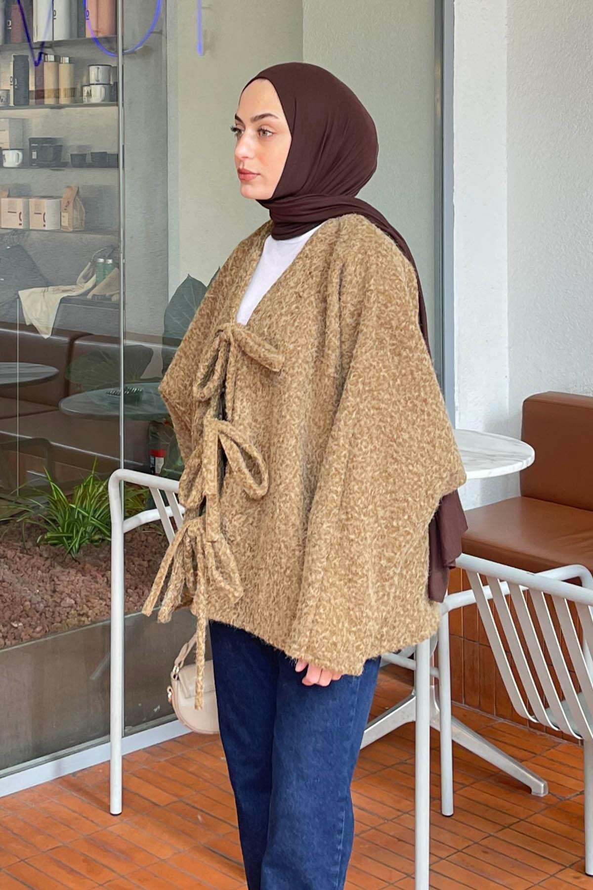 lamelif Bağlamalı Kaşe Kimono Camel görsel 2