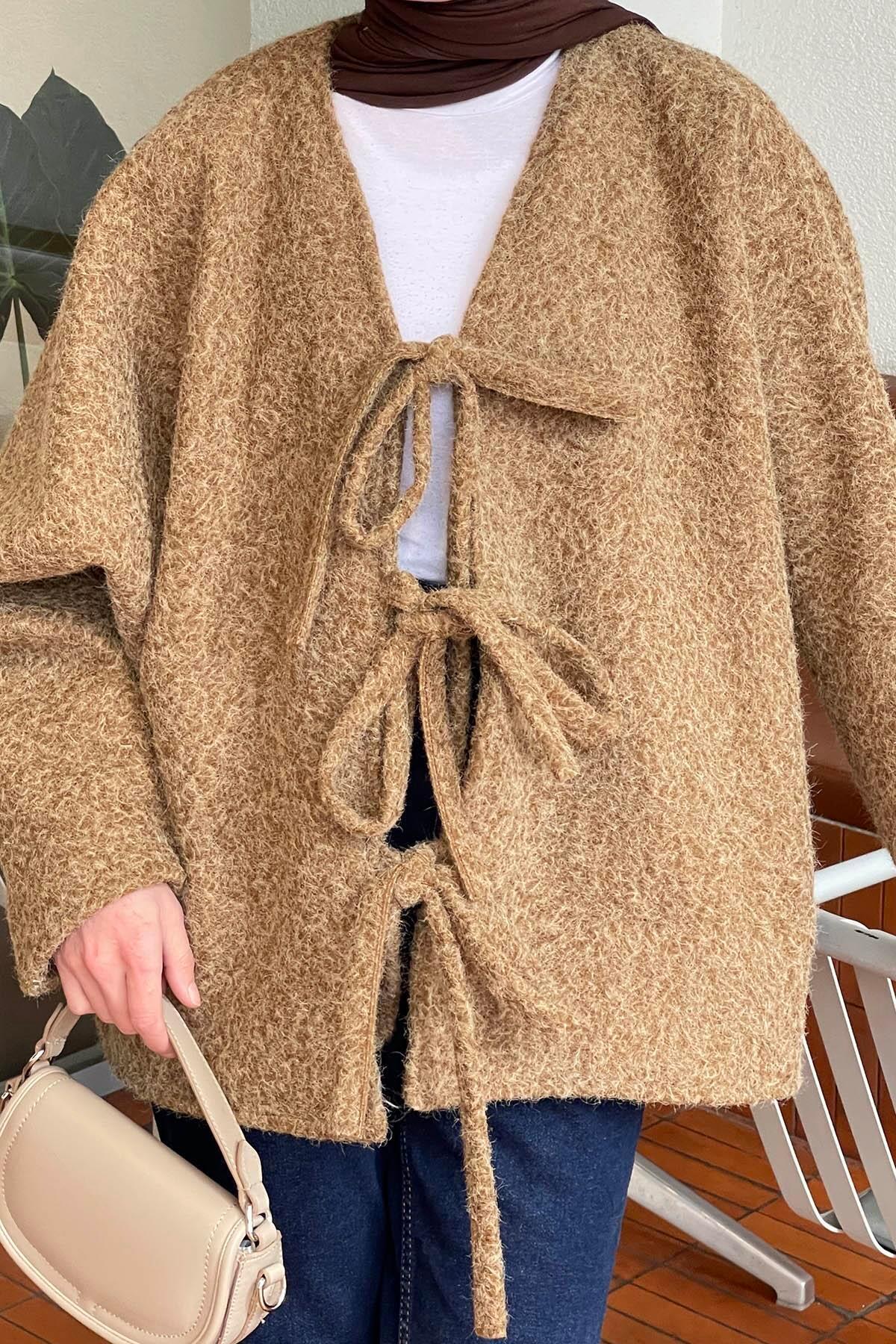 lamelif Bağlamalı Kaşe Kimono Camel görsel 3