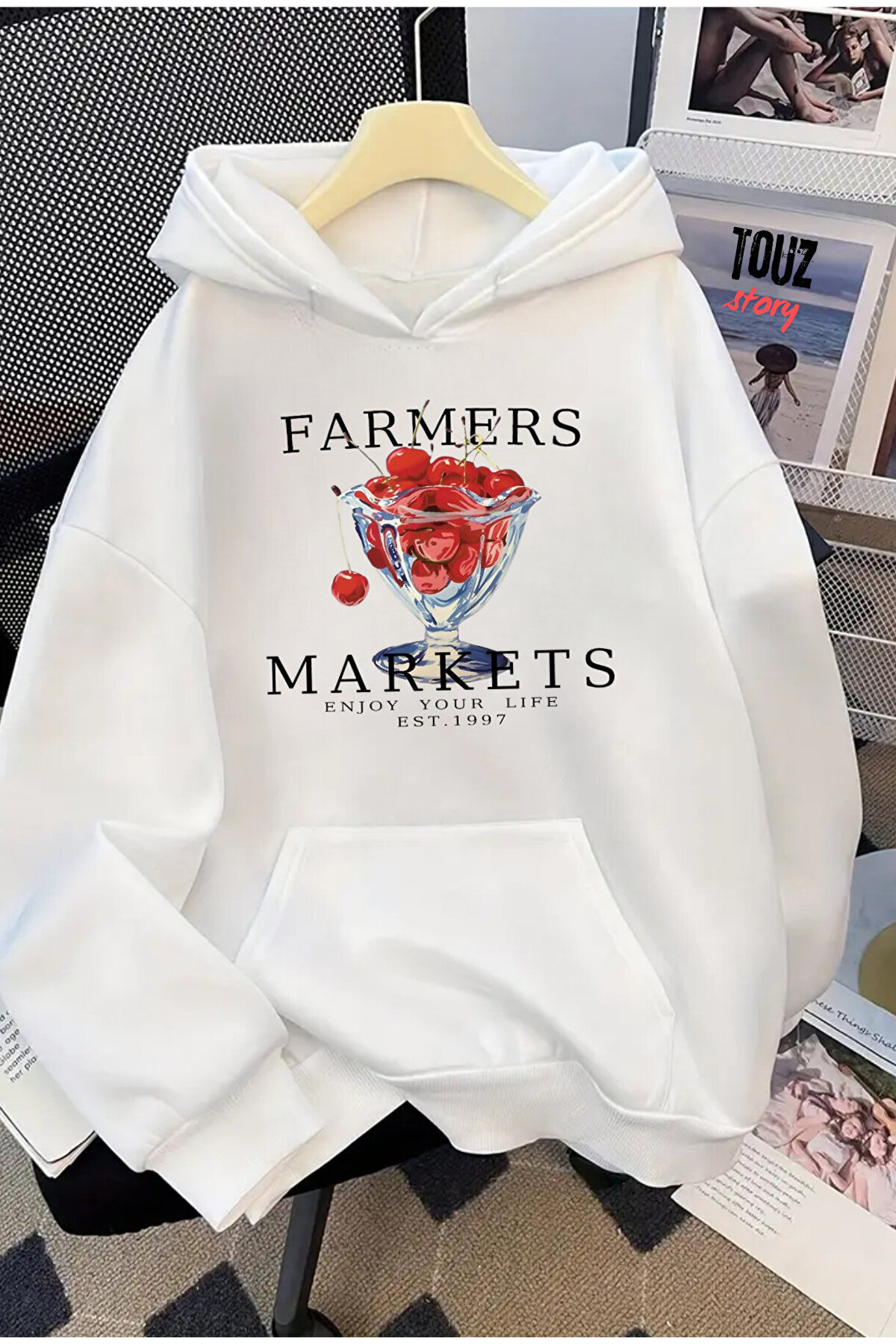 Le Savu Farmers Markets Printed Kangaroo Pocket Hooded White Color Unisex Sweatshirt
