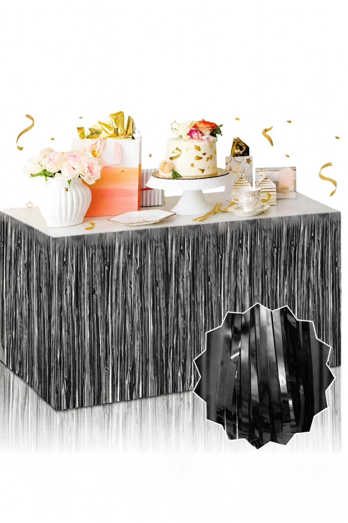 Partini Renklendir Dekoratif Püsküllü Masa Eteği Siyah 240x75 Cm