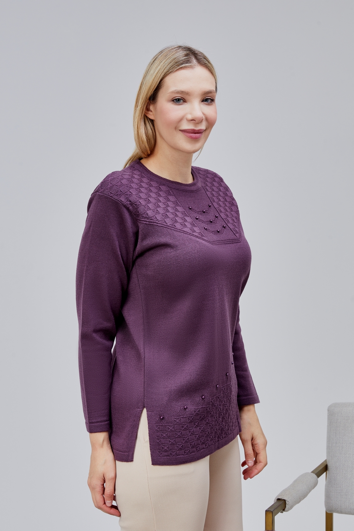 Jinx Wear Fashion  Kadın Triko Yaka İnci Detay Kışlık Orta Yaş Günlük Anne Bluz Kazak - Görsel 8