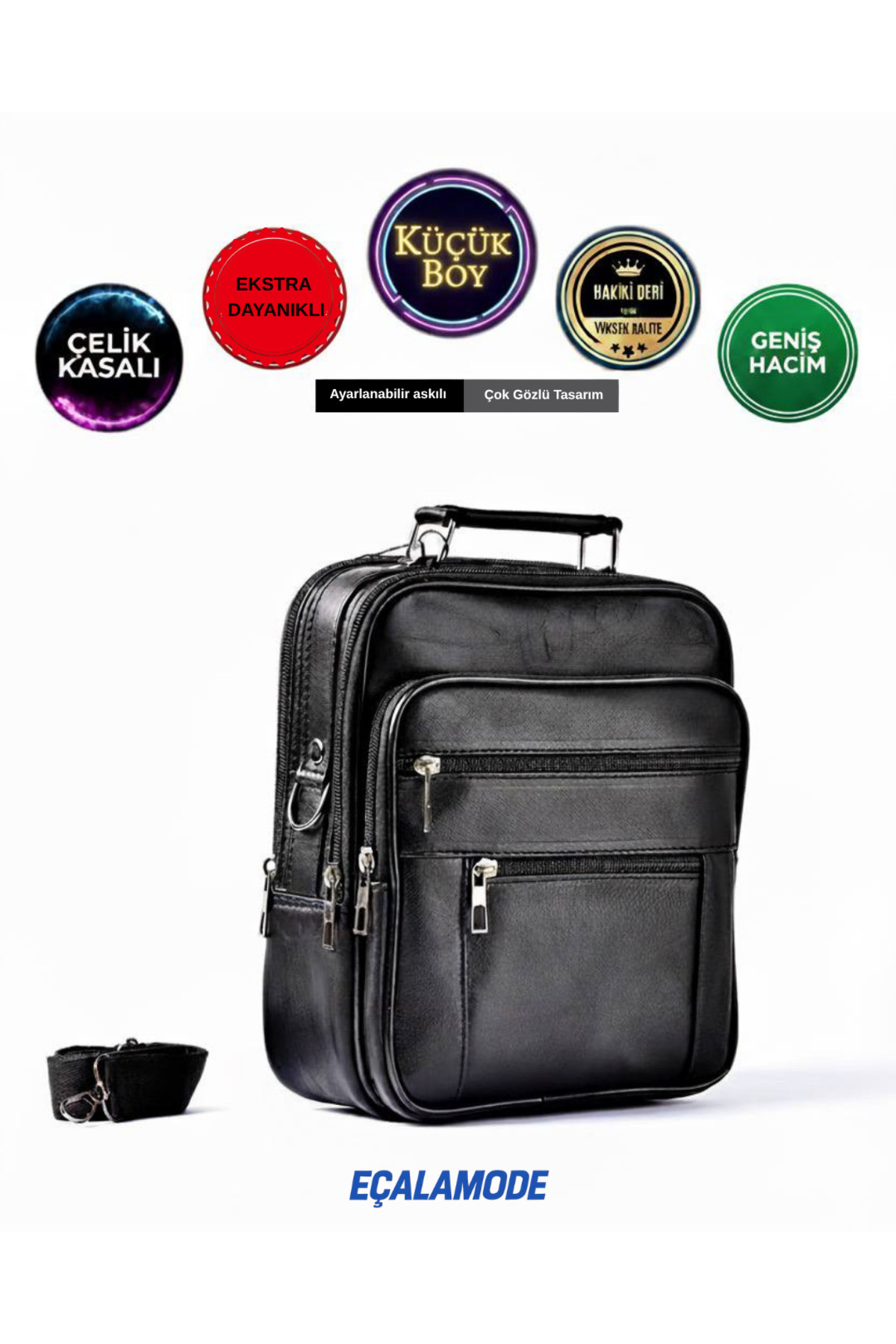 ECALAMODE Siyah Deri Çelik Kasalı El Ve Omuz Çanta (Küçük Boy)