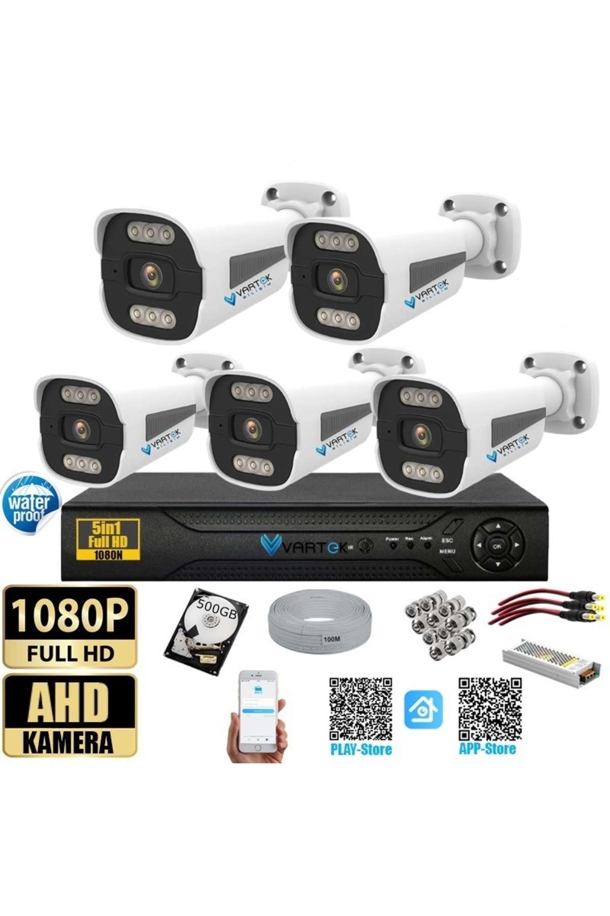 VARTEK BİLİŞİM 5 Kameralı Set - 500 GB Zebra Kasa Gece Renkli Full HD Güvenlik Kamerası Sistemi