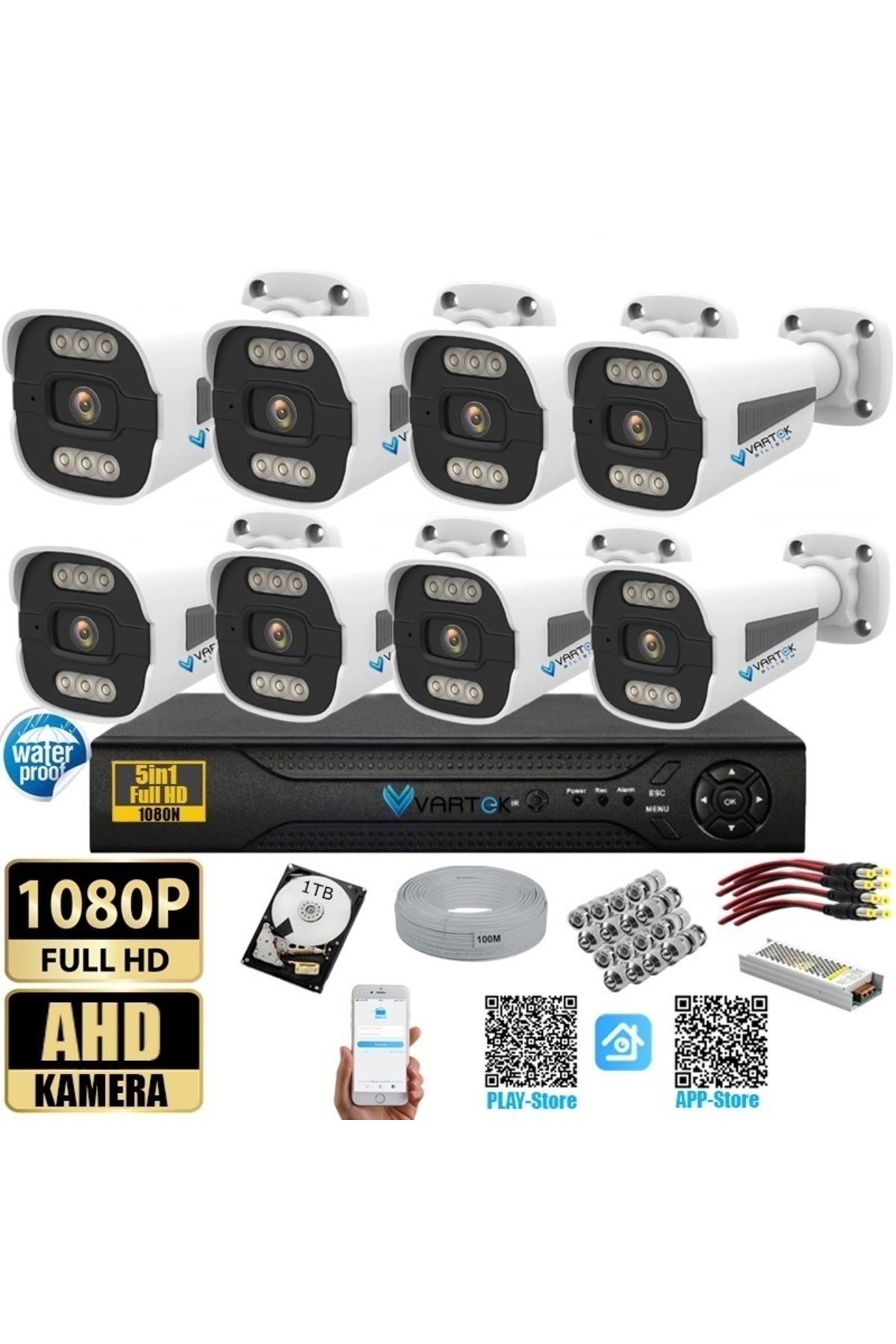 VARTEK BİLİŞİM 8 Kameralı Set - 1000 GB Zebra Kasa Gece Renkli Full HD Güvenlik Kamerası Sistemi