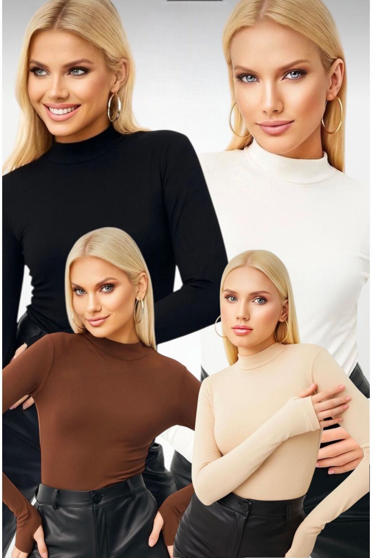 bykombincim %100 VİSKON KUMAŞ Kadın Parmak Detaylı Body 4'LÜ SİYAH-BEYAZ-KAHVE-BEJ KOMBİN her gün farklı tarz