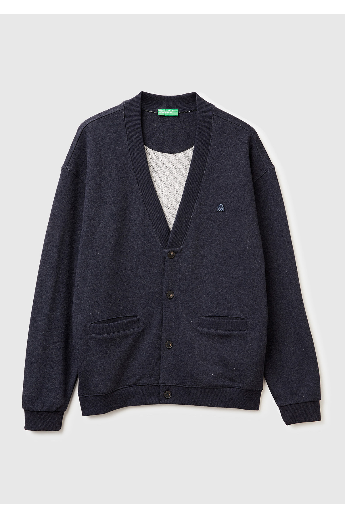 United Colors of Benetton  Erkek Lacivert %100 Pamuk Logo İşlemeli Cep Detaylı Düğmeli Hırka - Görsel 2