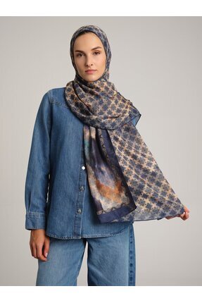 Ayshara Suyolu Etnik Desenli Çift Taraflı Şal - Kot Mavi