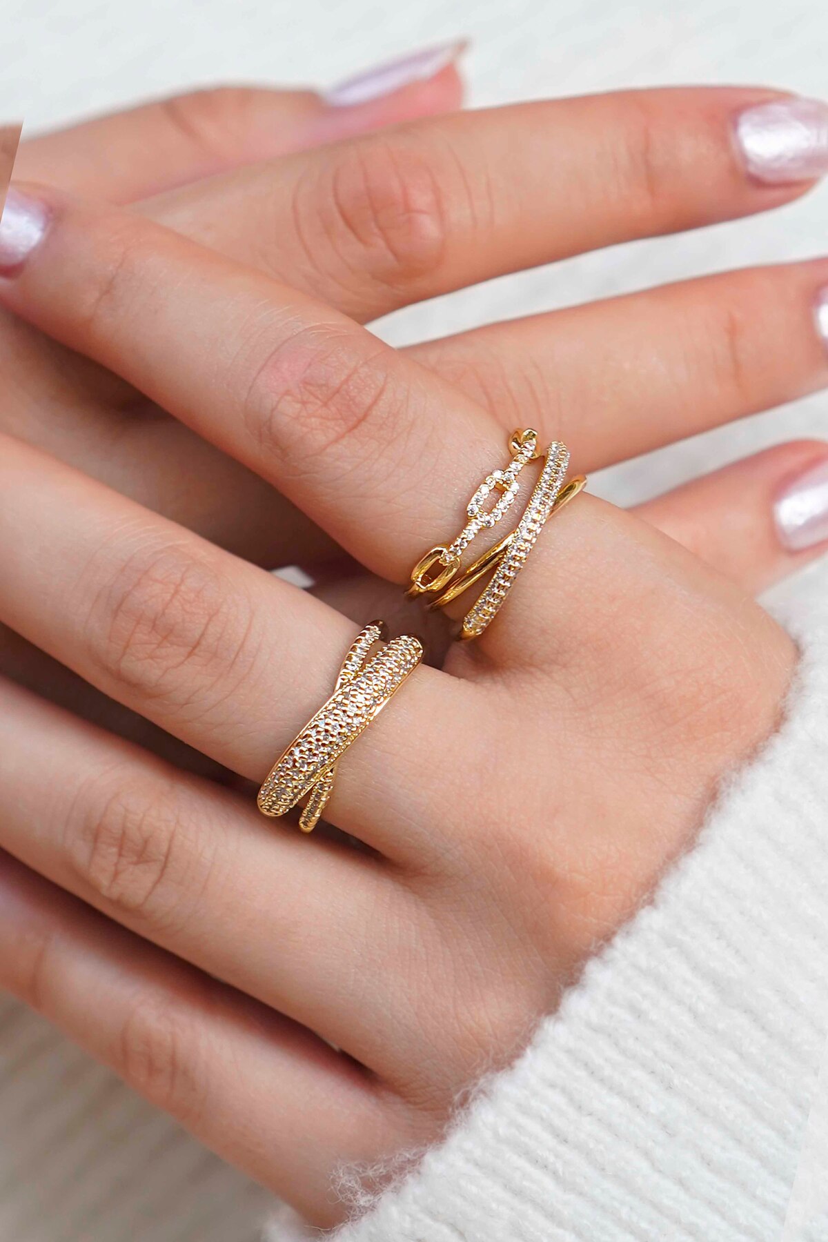 TREND COLLECTİON  Işıltılı 2’li Altın Yüzük Seti Kadın Takı - Görsel 3