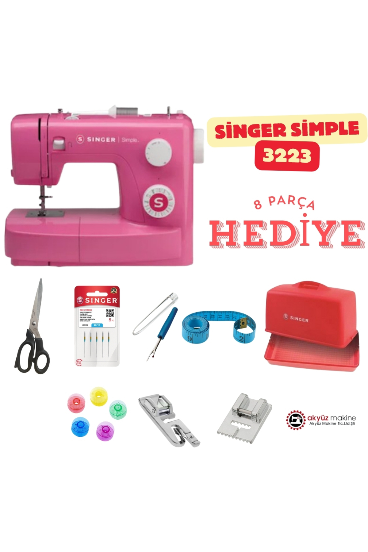 akyüz makine Singer Simple 3223 Pembe Dikiş Makinesi + 8 Parça