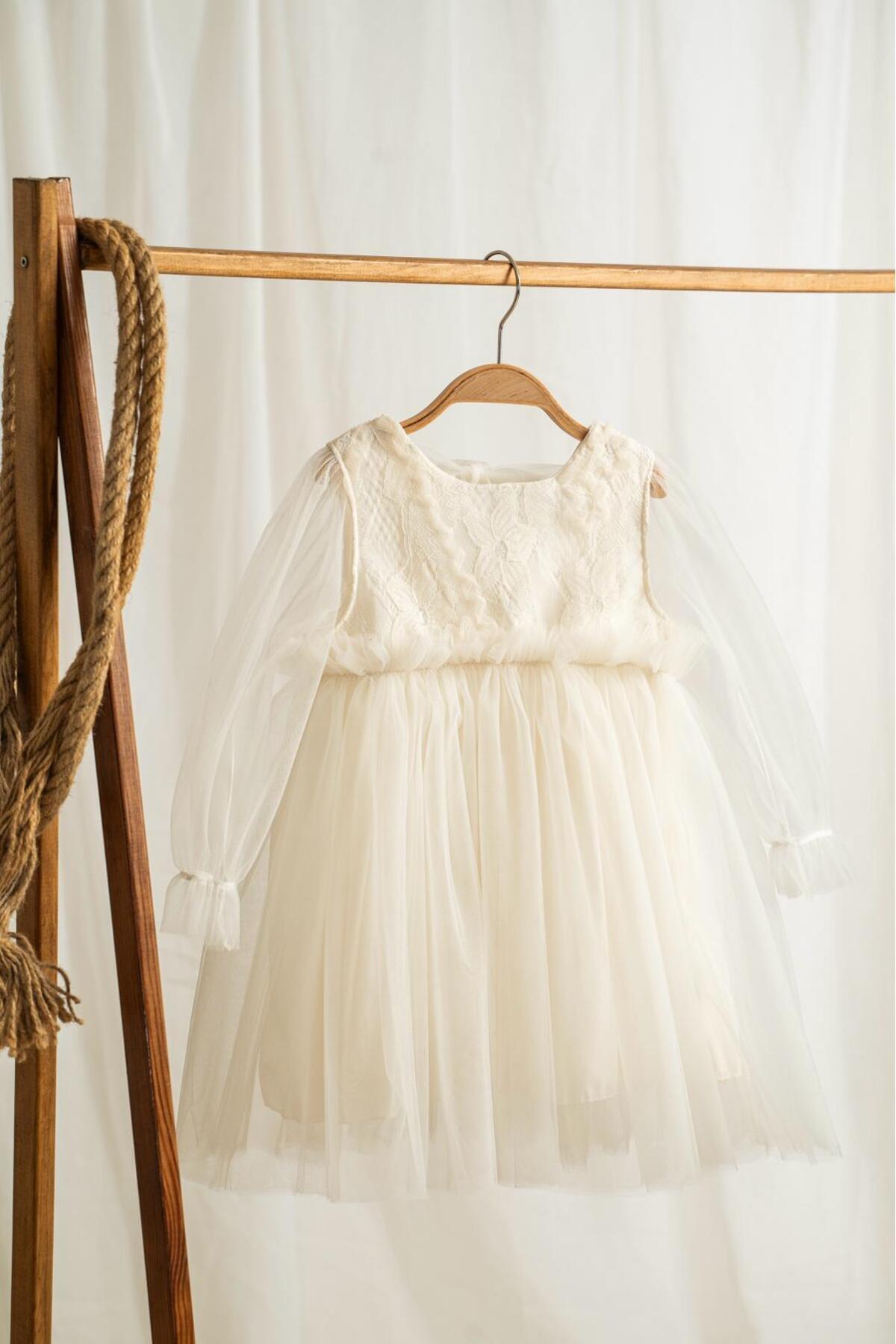 penu baby kids KREM Sırt Fiyonklu Çiçek Nakışlı Tül Etekli Uzun Tül Kollu Kız Çocuk Kız Bebek Elbise fotoğrafı 6 (önizleme)