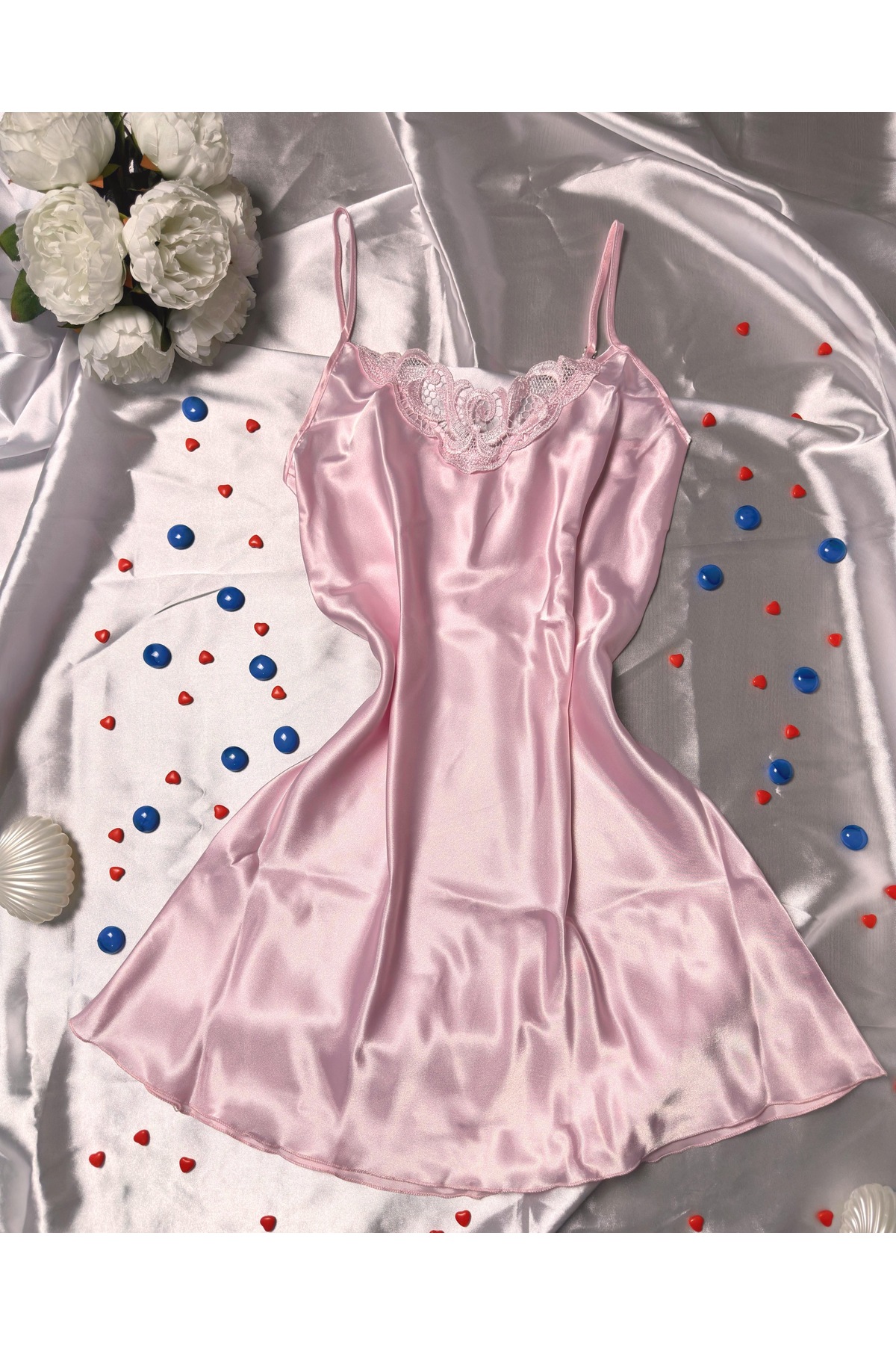 Primoda Pembe Saten Dantelli Gecelik