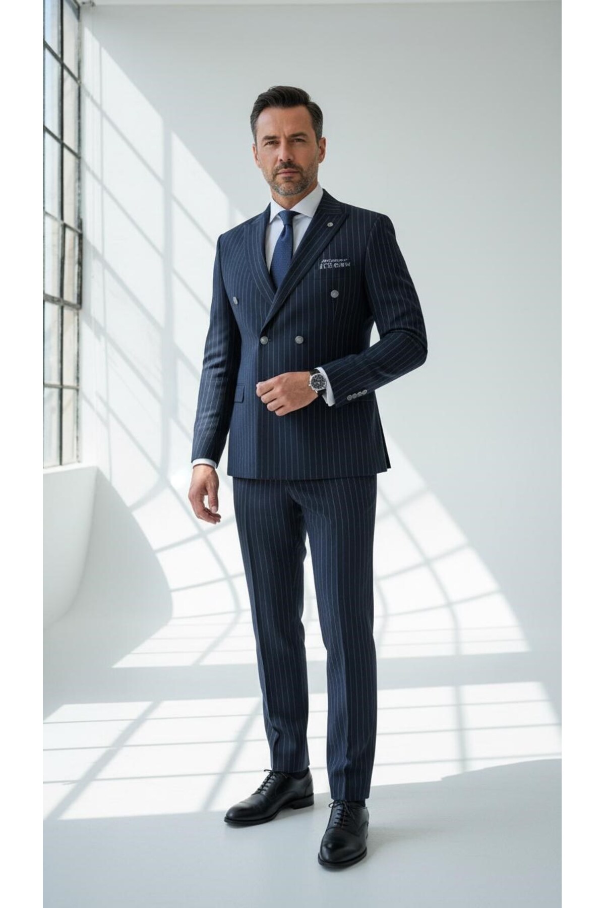 Plus Scorpion  Çizgili Kruvaze Erkek Takım Elbise – Şık ve Rahat İtalyan Kesim, Belden Oturtmalı, Top Düğmeli