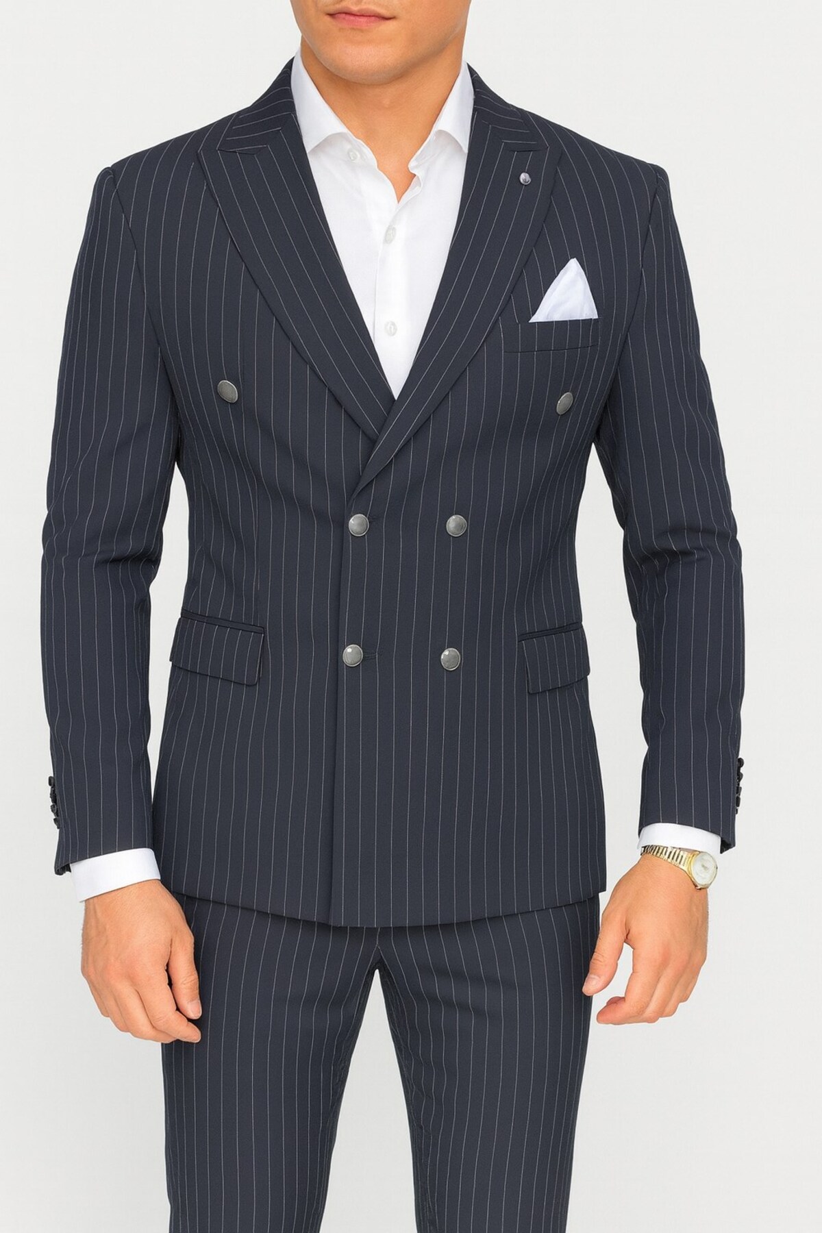 Plus Scorpion  Çizgili Kruvaze Erkek Takım Elbise – Şık ve Rahat İtalyan Kesim, Belden Oturtmalı, Top Düğmeli - Görsel 8
