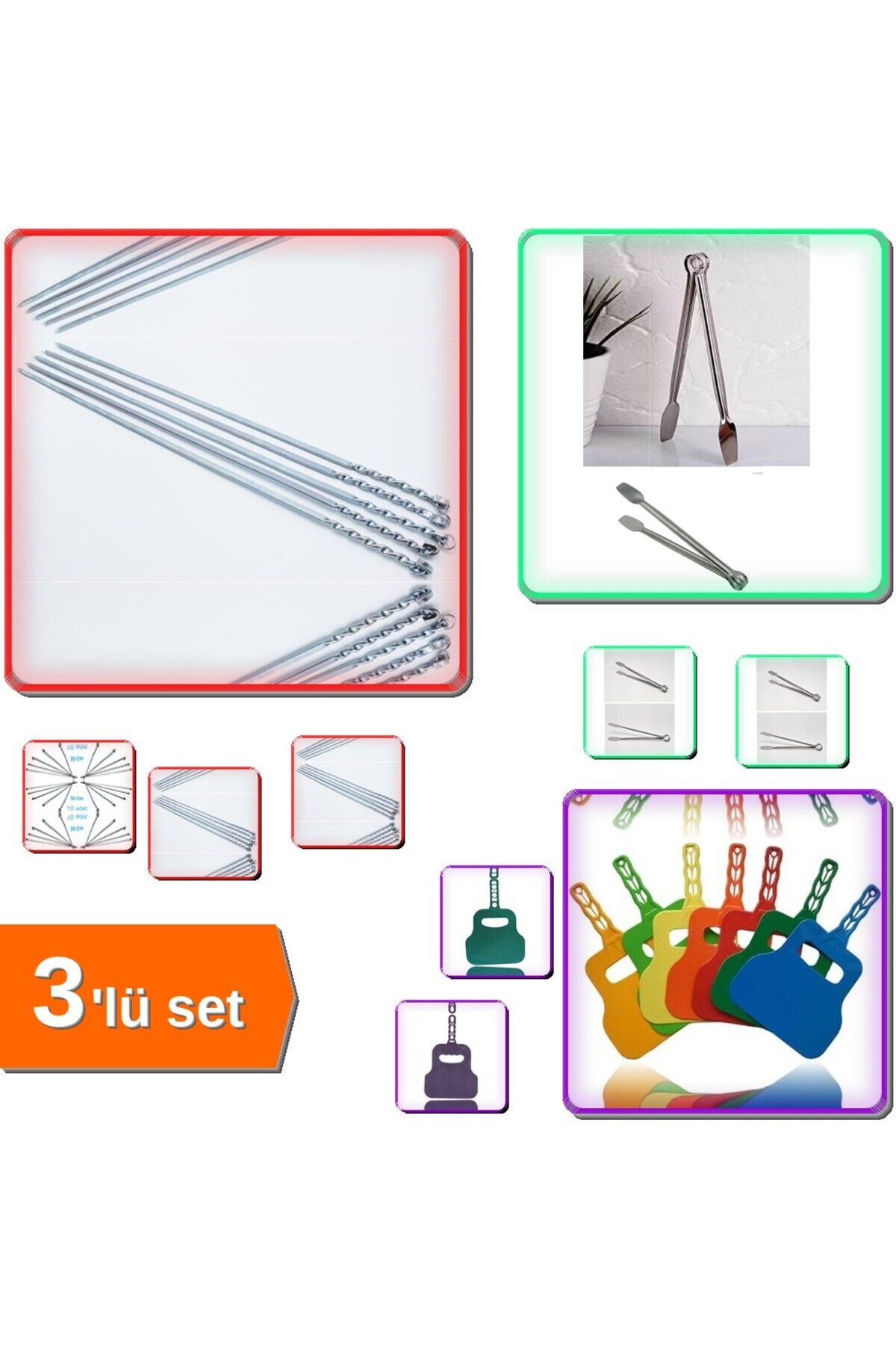 HerEveOyuncak Mangal Şişi 10 Adet + Paslanmaz Maşa 27 Cm + Yelpaze Seti | Mangal Keyfi Üçlüsü KEBP27