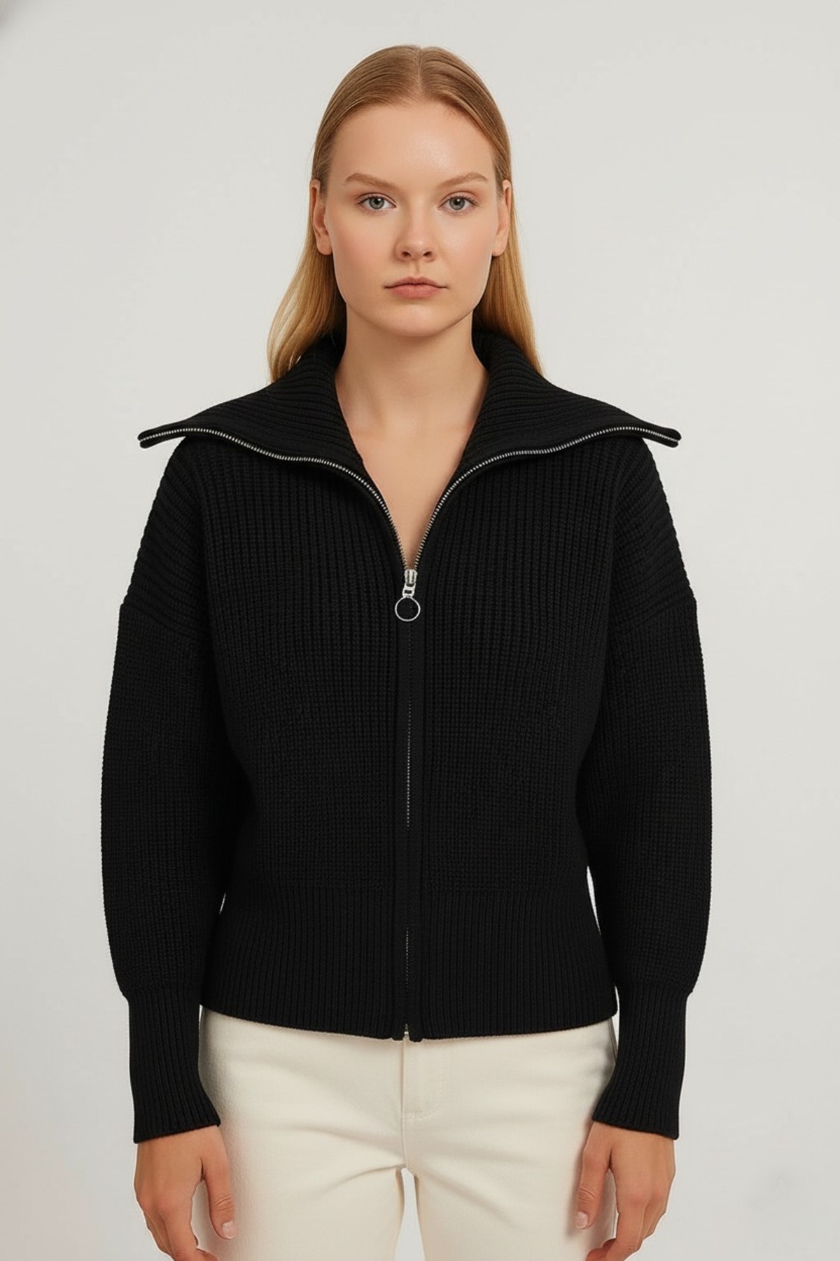 FLEX FASHION  Kadın siyah trend Devrik Yaka Fermuarlı popüler Triko Hırka - Görsel 3