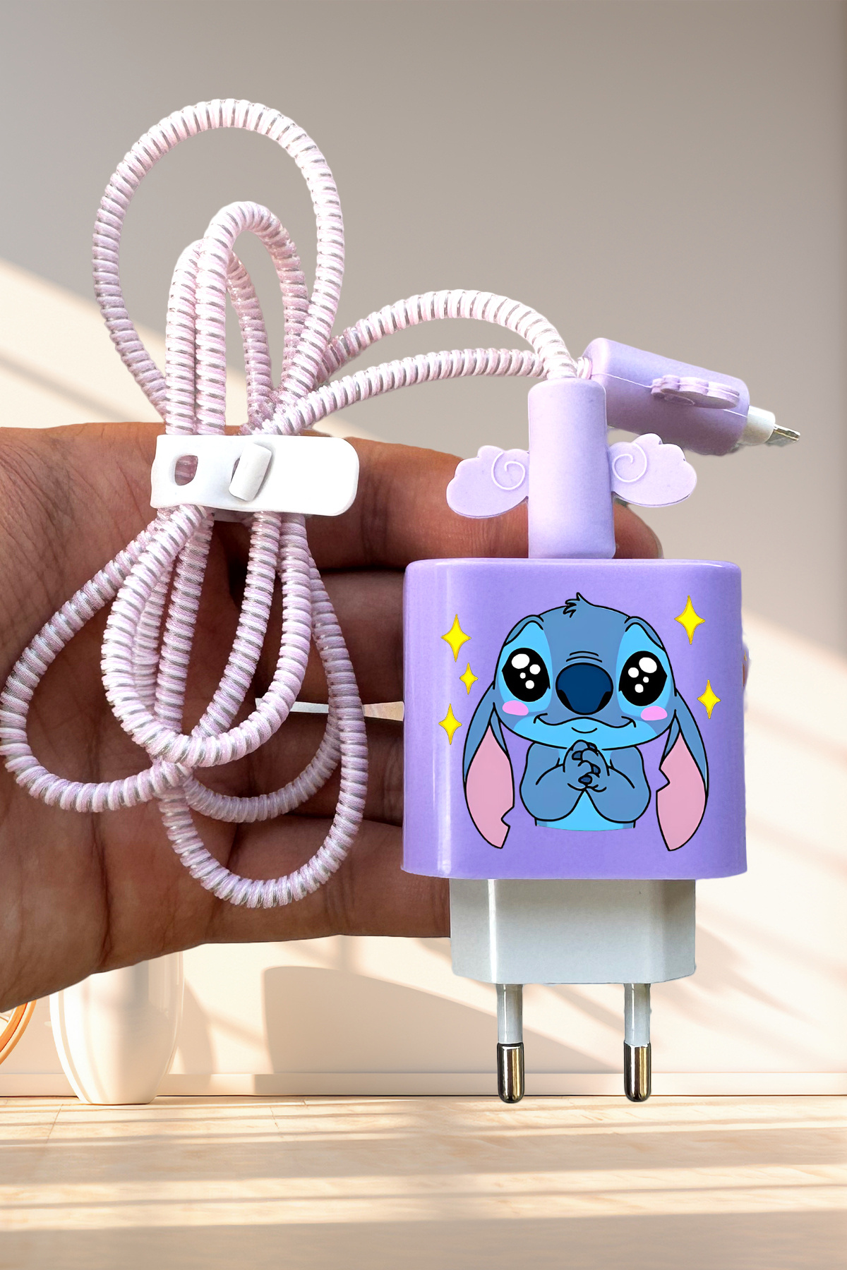 WANNA PROTECT iPhone 20W Uyumlu Sevimli Şarj Başlığı Adaptörü Kablo Koruyucu Stitch Renkli Silikon Koruma Kılıfı