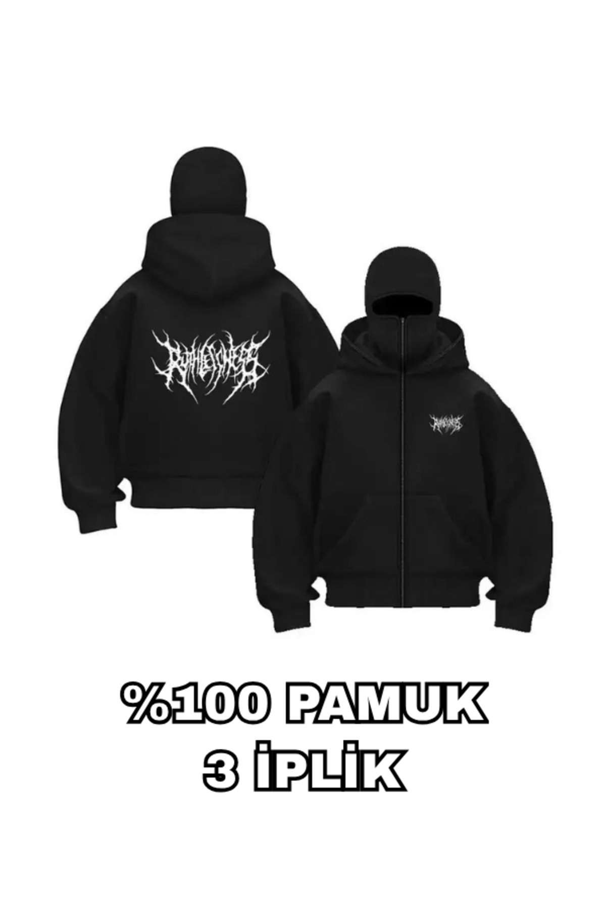 Kayicool Gotik Baskılı Kar Maskeli Ninja Unisex Sweatshirt Hırka 3 iplik kalın polar (%100 PAMUK)