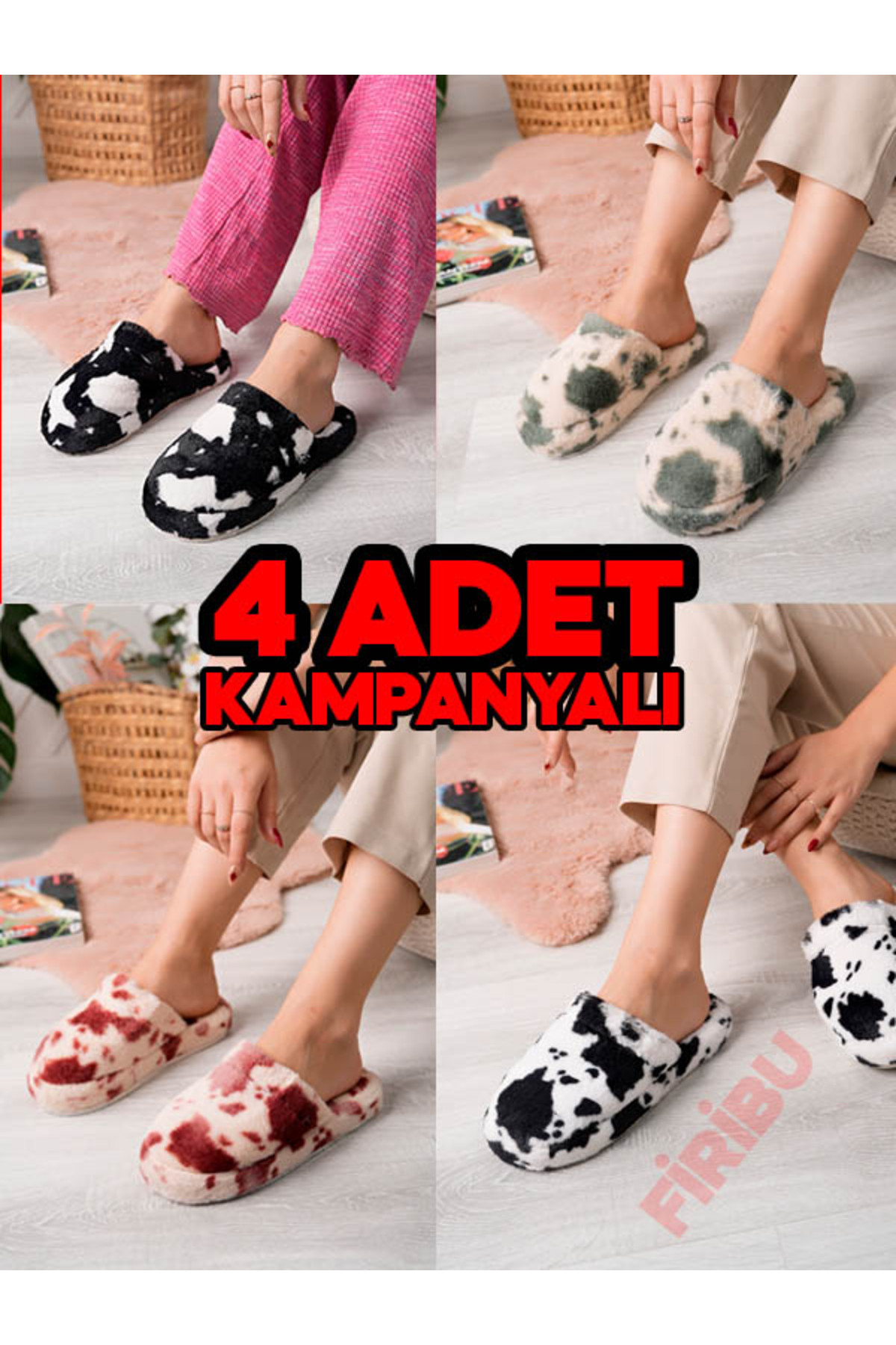 Firibu 4'LÜ SET Premium Kadın Ev Terliği – Peluş Kışlık Hafif Taban Çeyiz Terliği