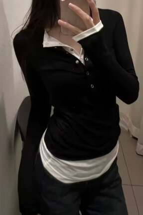 ARS Butik Siyah Beyaz İç Bodyli Yaka Çıtçıt Detay Uzun Kollu Body