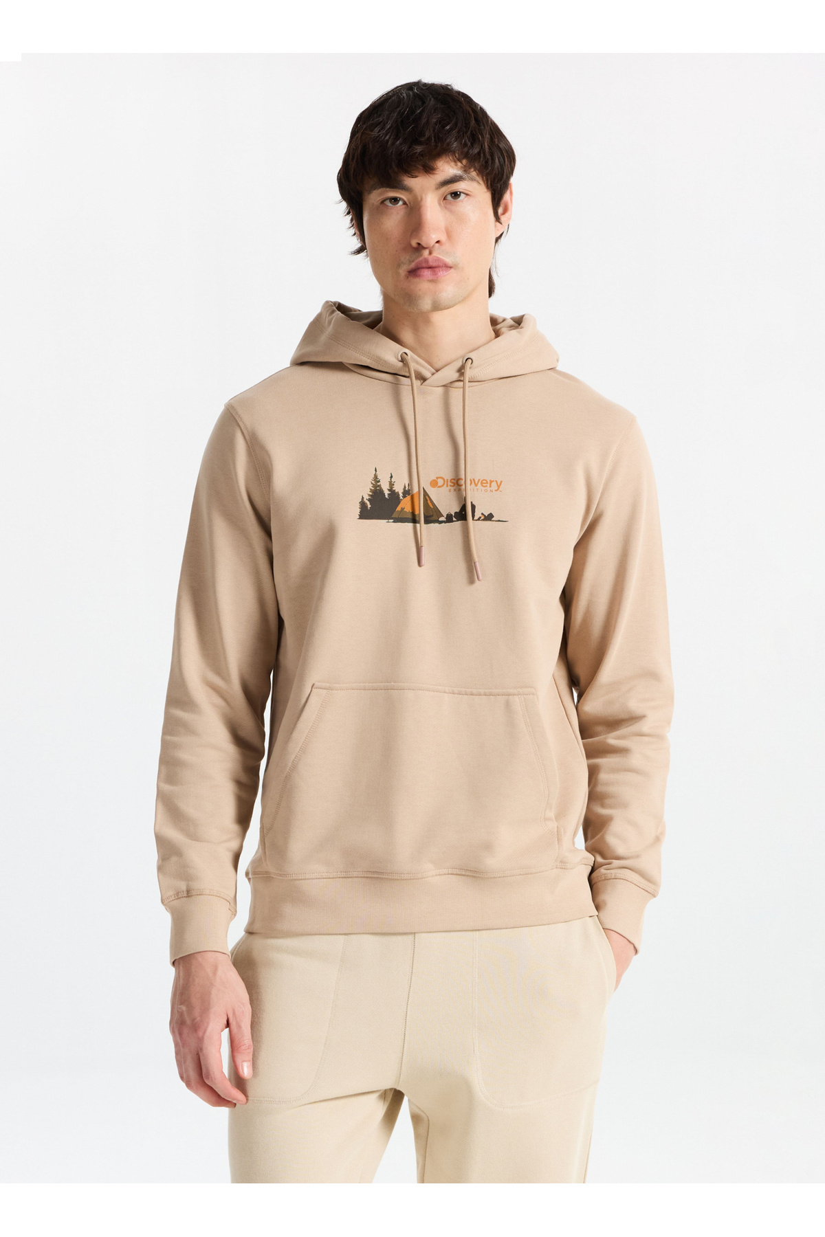 دیسکاوری اکسپدیشن سویشرت مردانه طرح‌دار یقه گرد قهوه‌ای روشن مدل D5WM-SWT3851