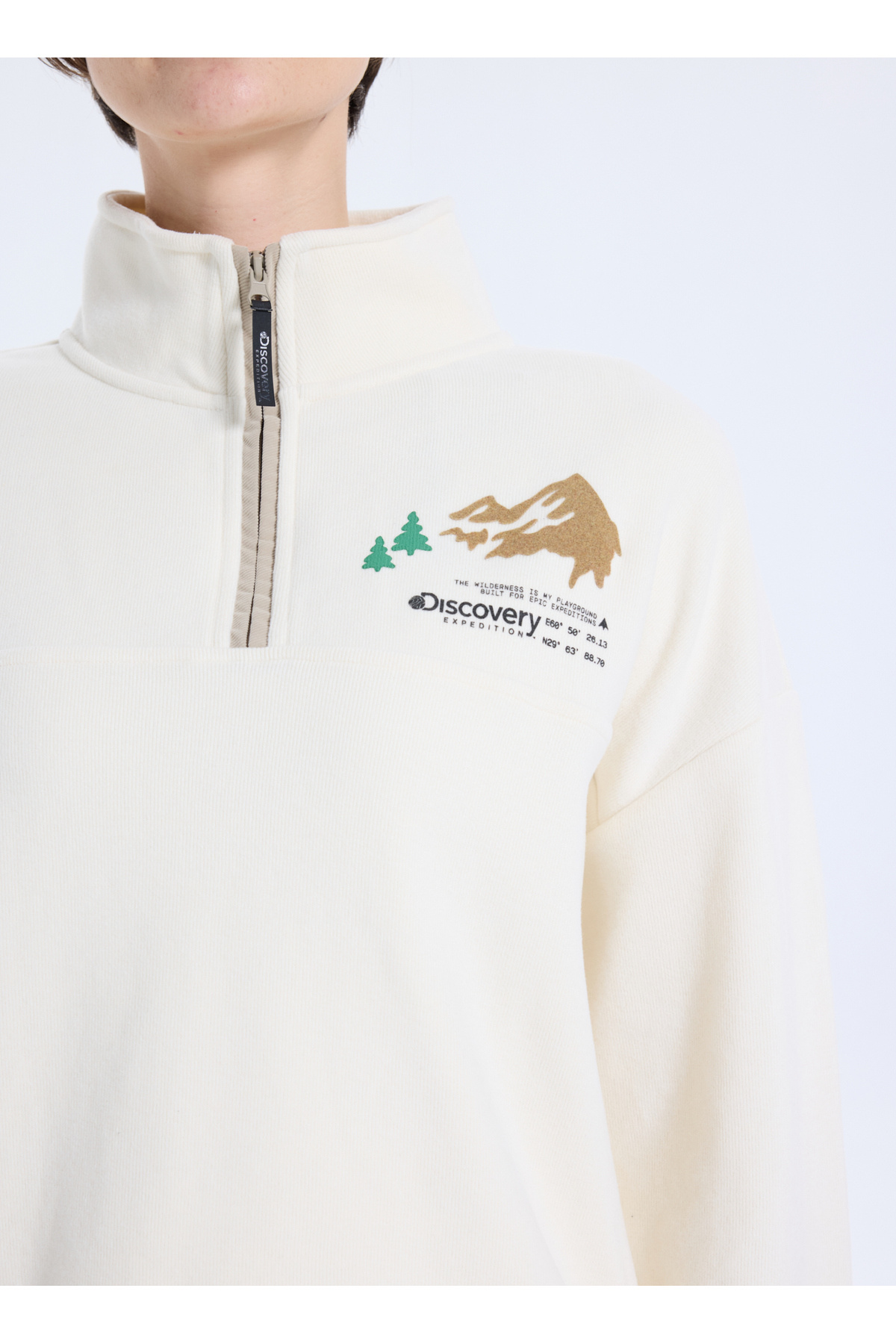 Discovery Expedition D5WL-SWT3595 Krem Dik Yaka Relaxed Baskılı Kadın Sweatshırt görsel 4