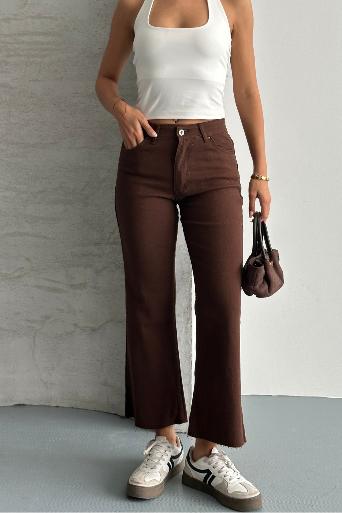 macharel jeans  Kahverengi Boy Fit Kesik Paça Jean - Görsel 7