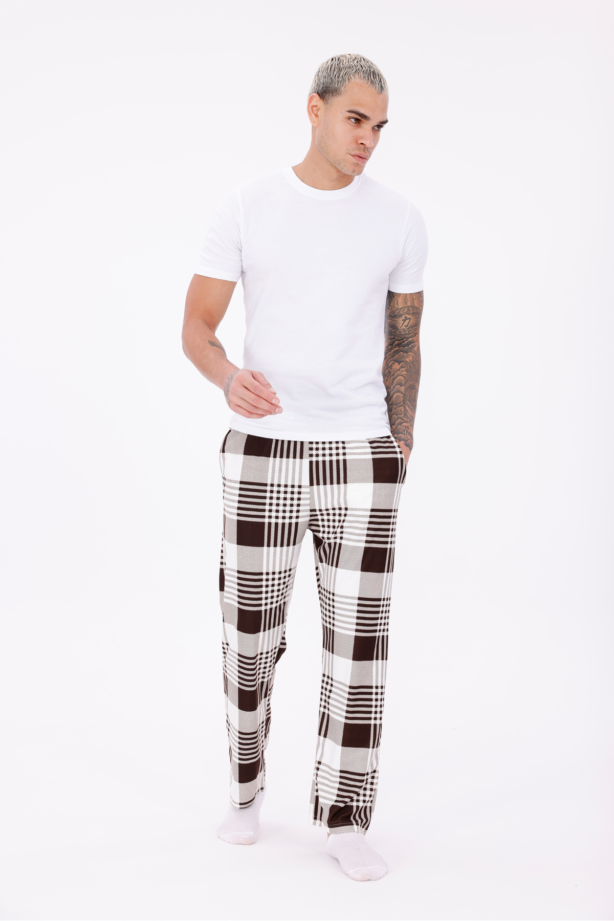 Arvin Pijama Pamuklu Kadifemsi Yumuşak Dokulu Cepli Ekose Baskılı Beli Lastikli Kışlık Erkek Pijama Altı