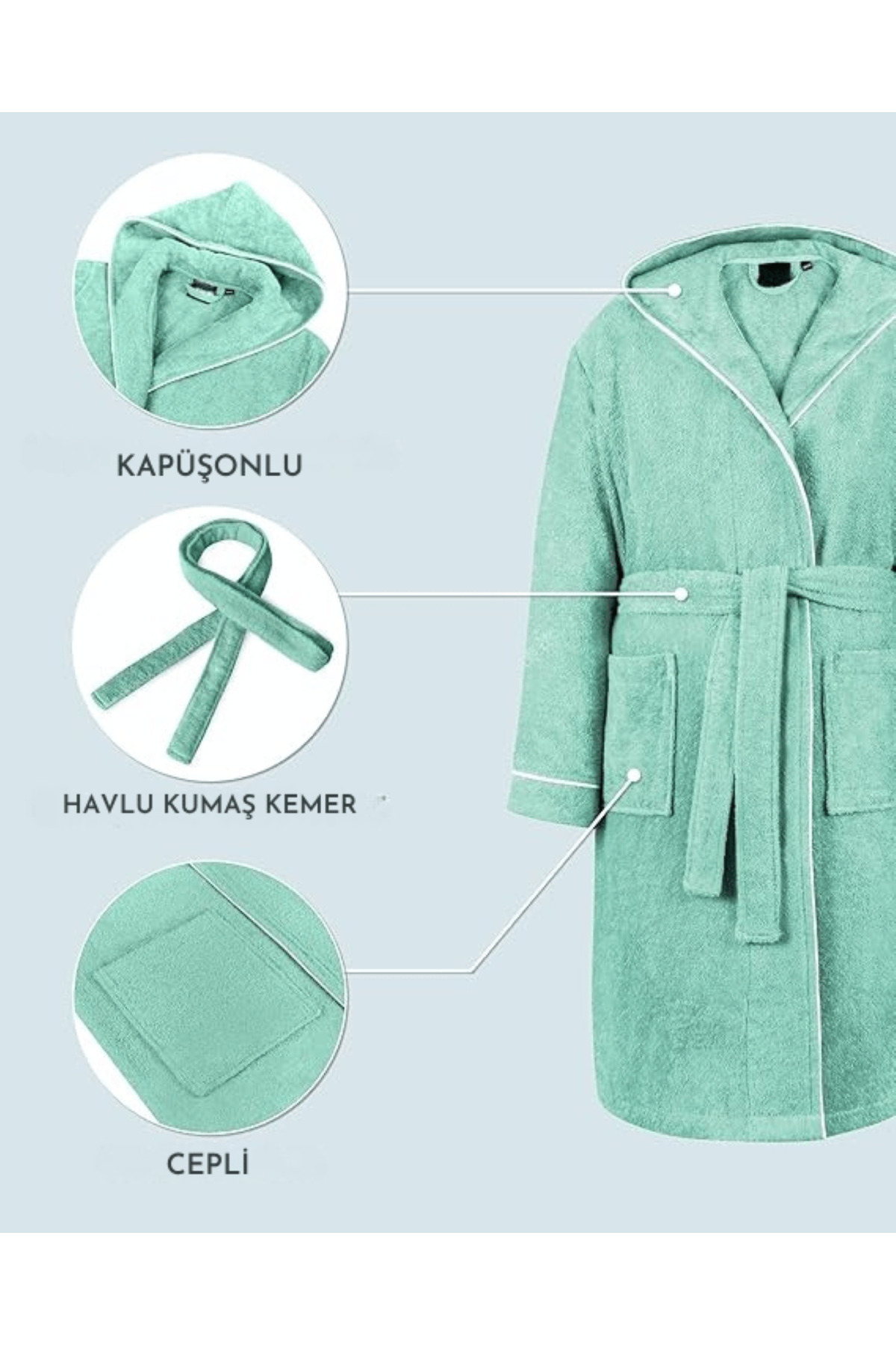 Layvera Kız-Erkek Çocuk Bornozu %100 Pamuk | Kapüşonlu – Cepli – Yumuşak – Biyeli – Mint Yeşil fotoğrafı 6 (önizleme)