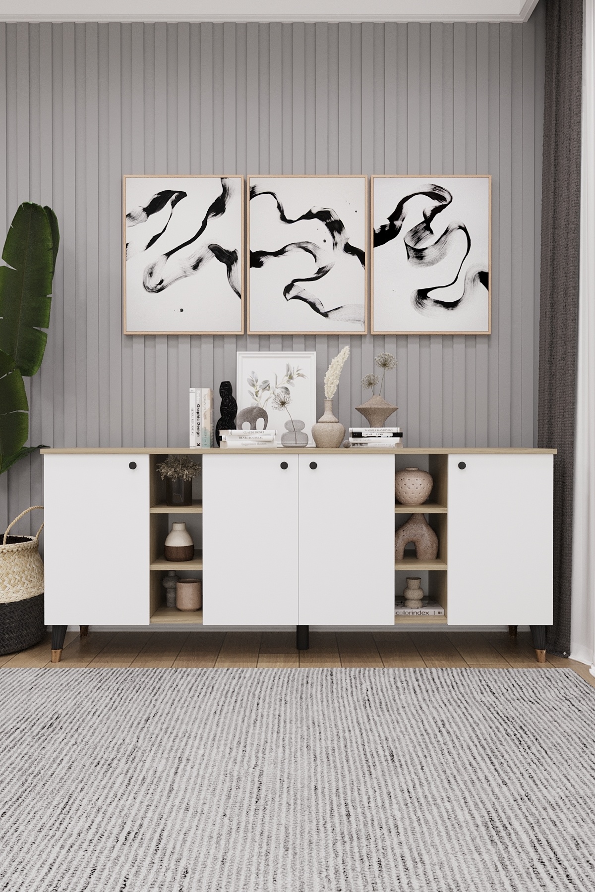 asratrend Geniş Konsol - Modern Büfe Dolap - 4 Kapaklı Şık Tasarım Salon ve Yemek Odası Ünitesi KNSL-05