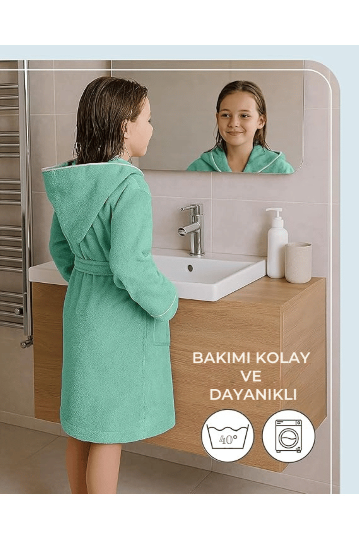 Layvera Kız-Erkek Çocuk Bornozu %100 Pamuk | Kapüşonlu – Cepli – Yumuşak – Biyeli – Mint Yeşil fotoğrafı 5 (önizleme)