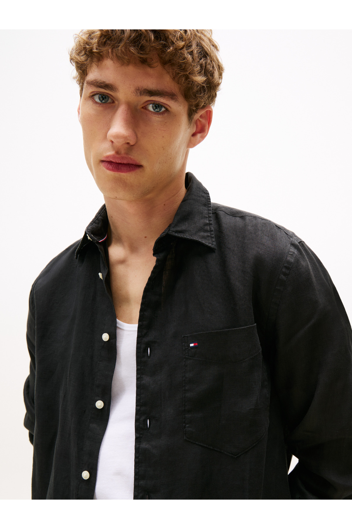 تامی هیلفیگر پیراهن مردانه مشکی PIECE DYE LINEN RF SHIRT - MW0MW39425